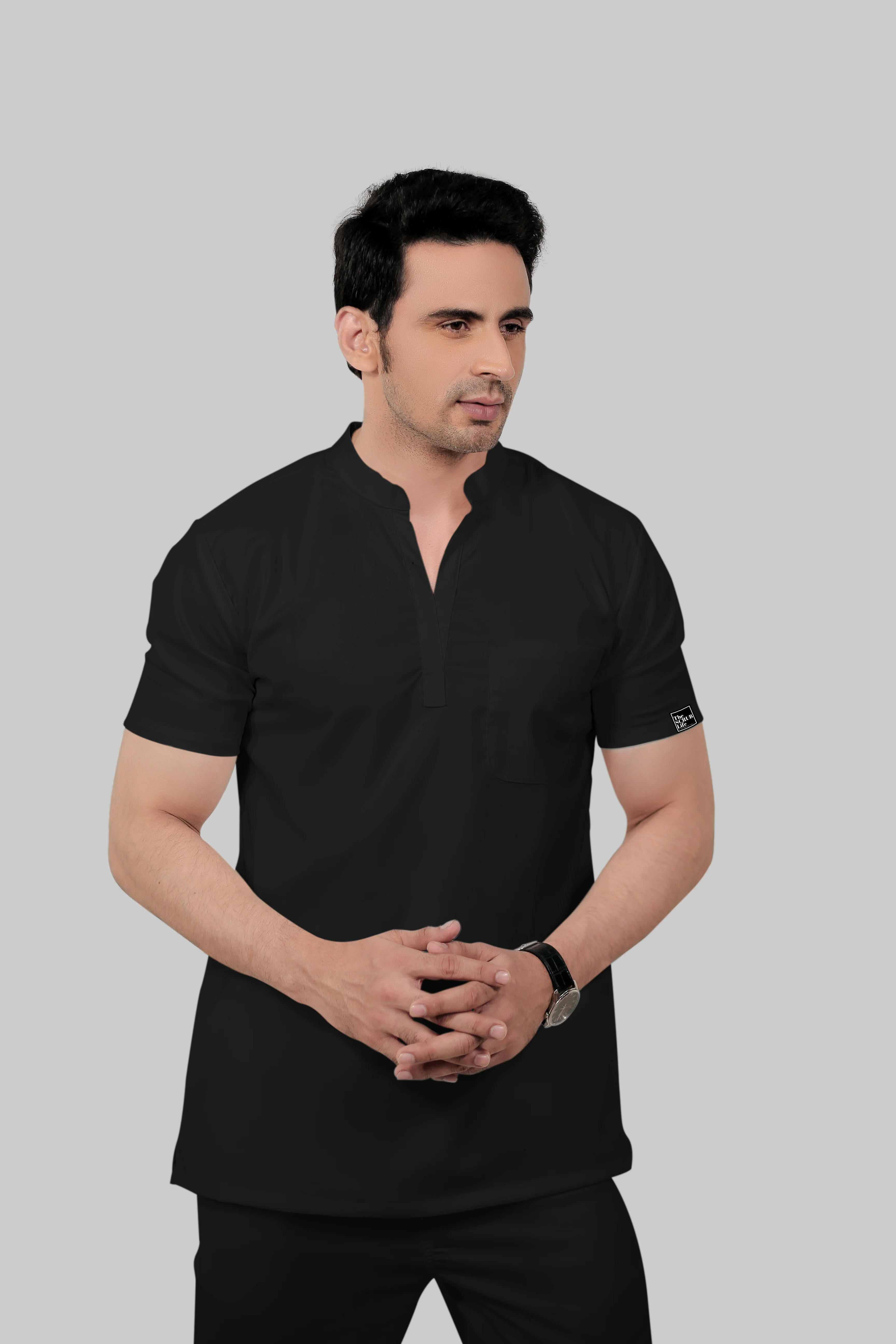 Stretchable (2Way) Men Black Mandarin Neck With Jogger Scrub Set - Image 3