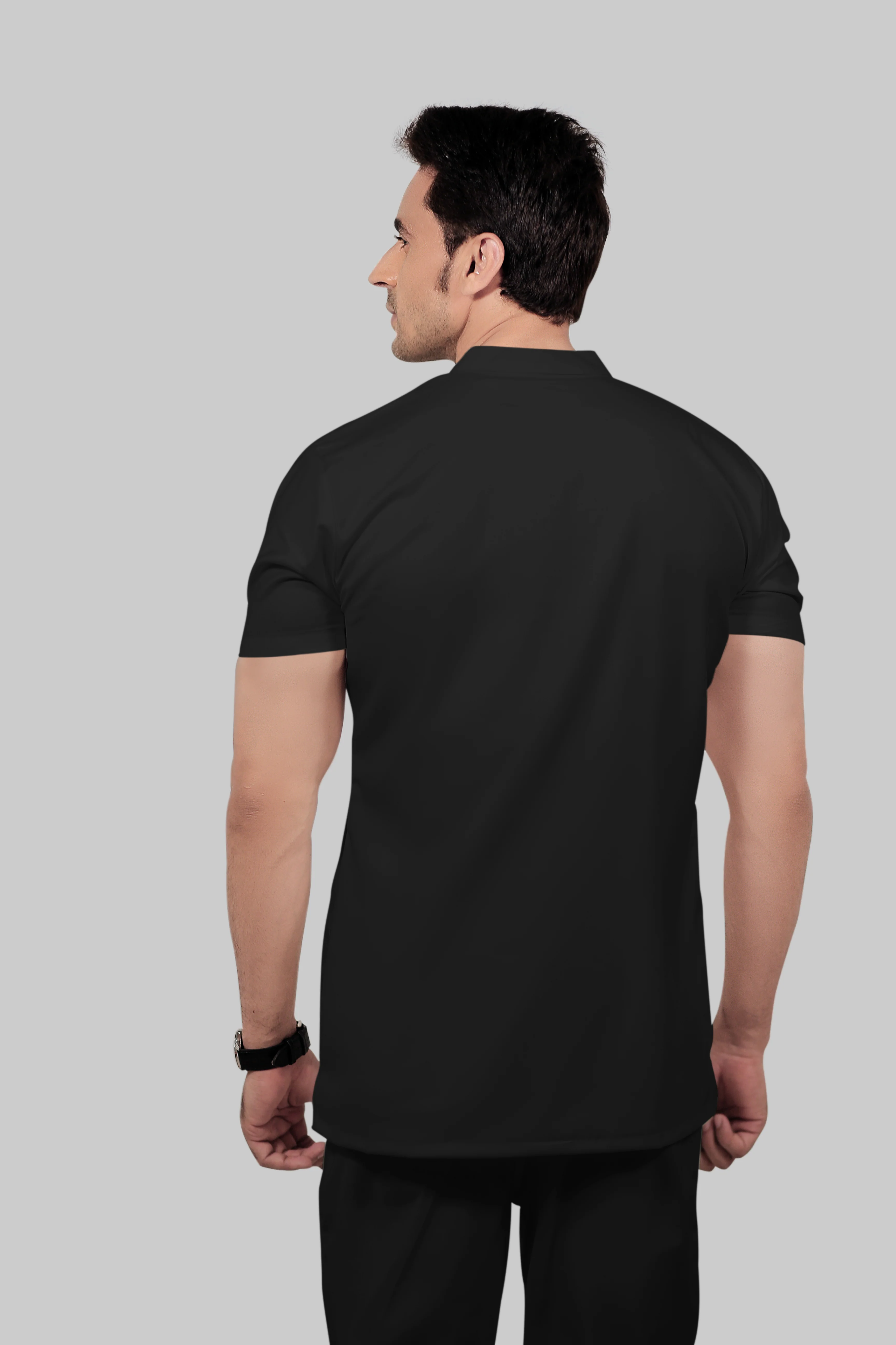 Stretchable (2Way) Men Black Mandarin Neck With Straight Pant Scrub Set - Image 4