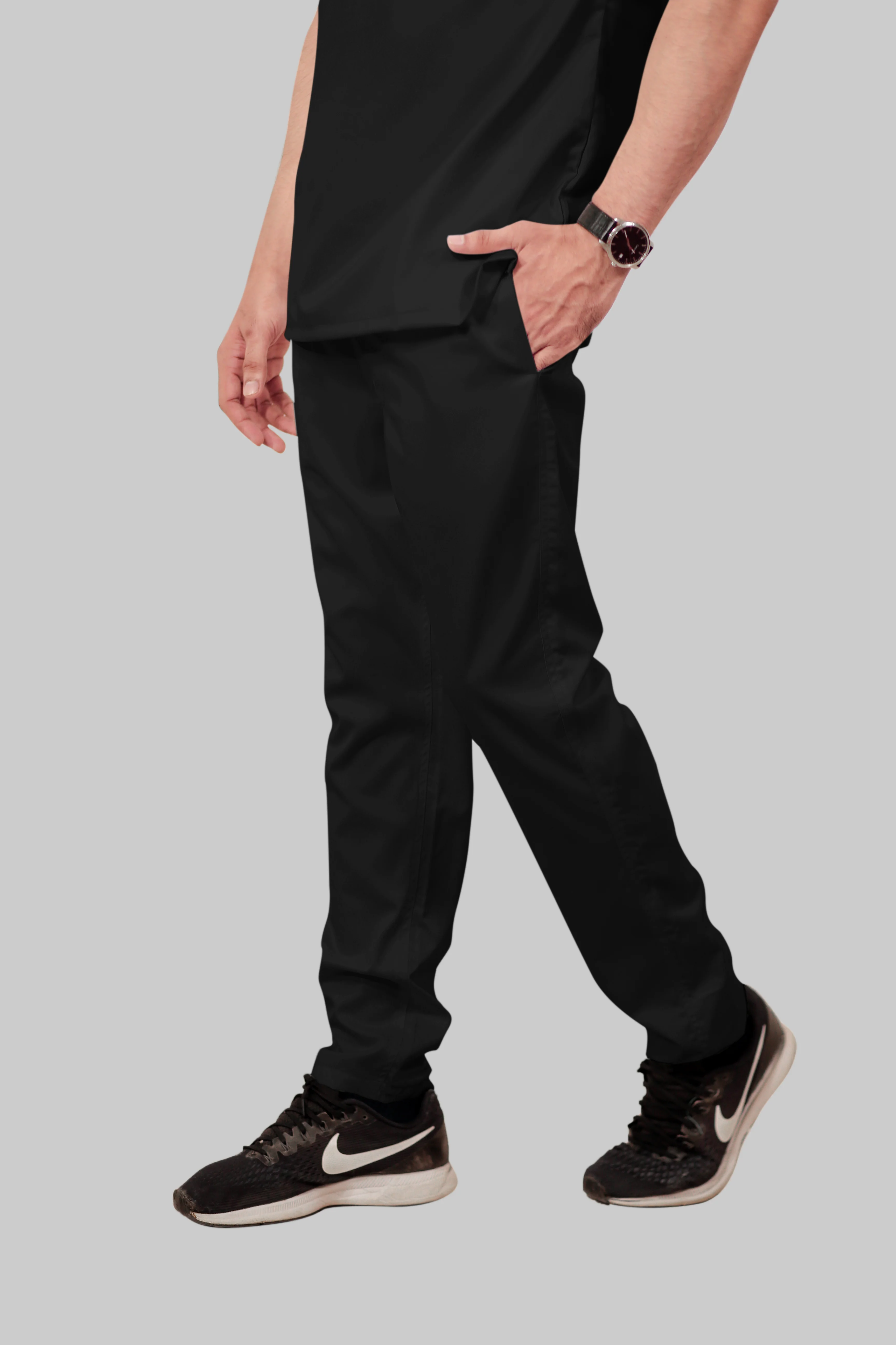 Stretchable (2Way) Men Black Mandarin Neck With Straight Pant Scrub Set - Image 5