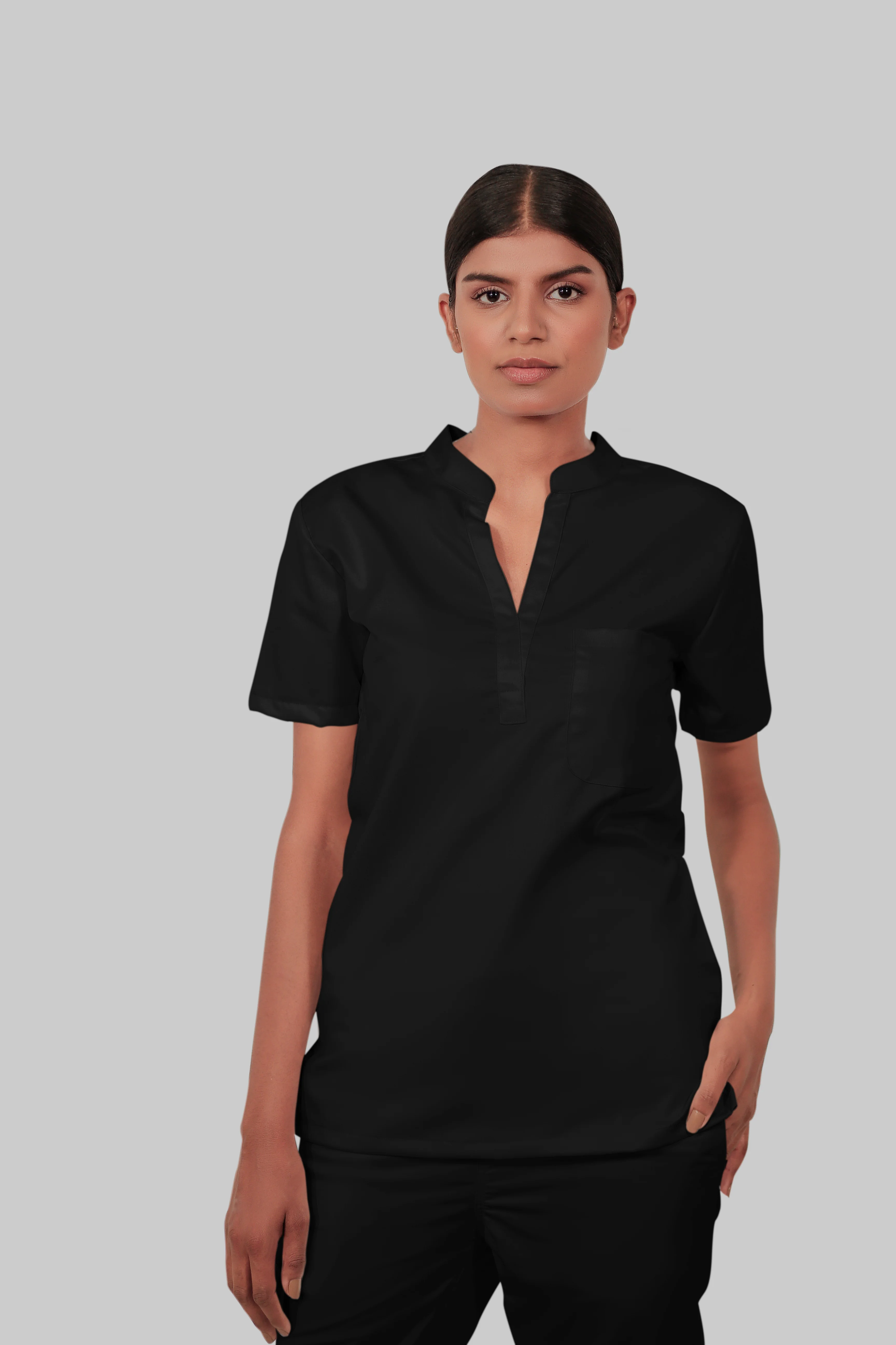 Stretchable (2Way) Women Black Mandarin Neck With Straight Pant Scrub Set - Image 4