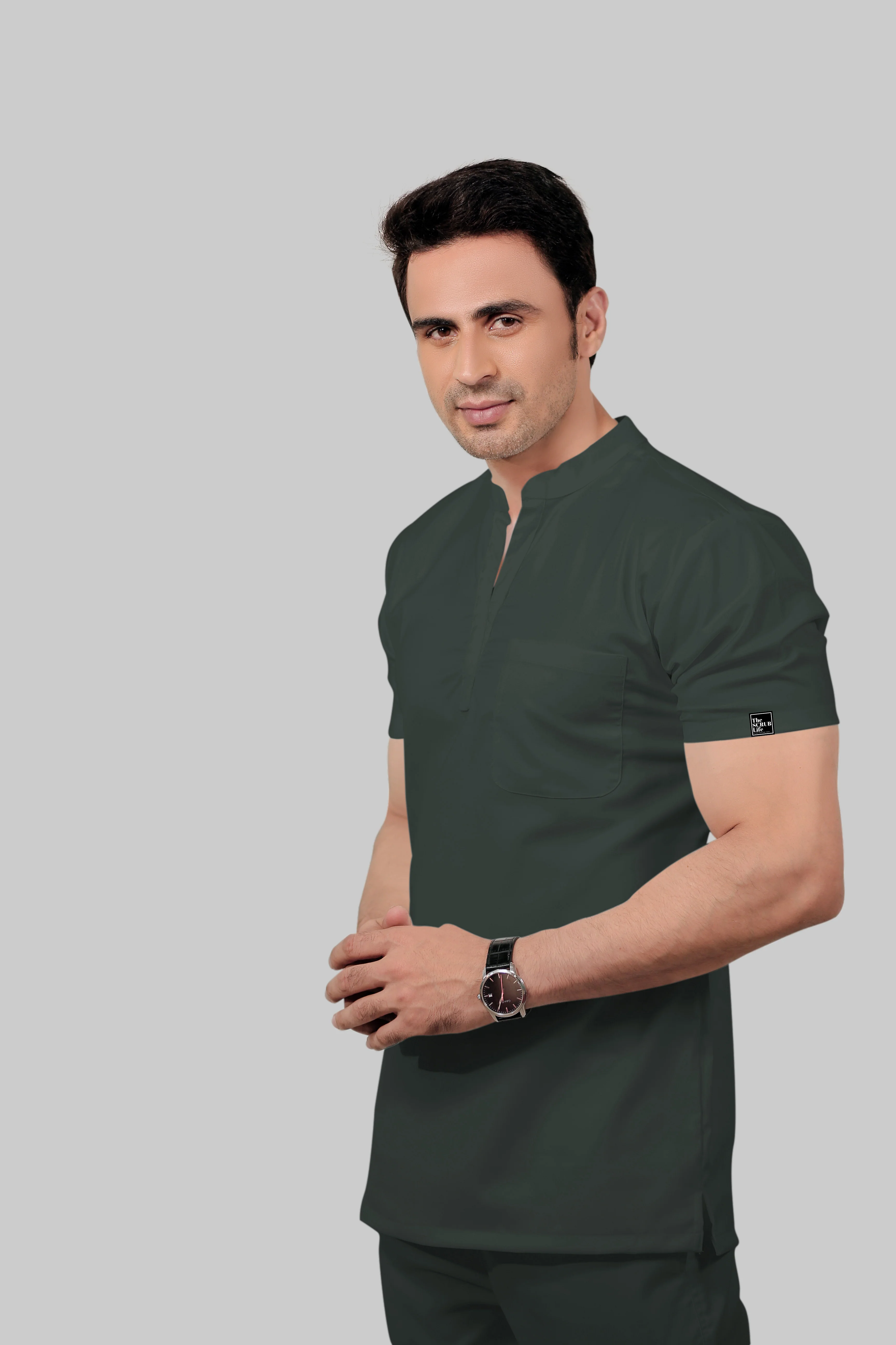 Stretchable (2Way) Men Bottle Green Mandarin With Straight Pant Scrub Set - Image 3
