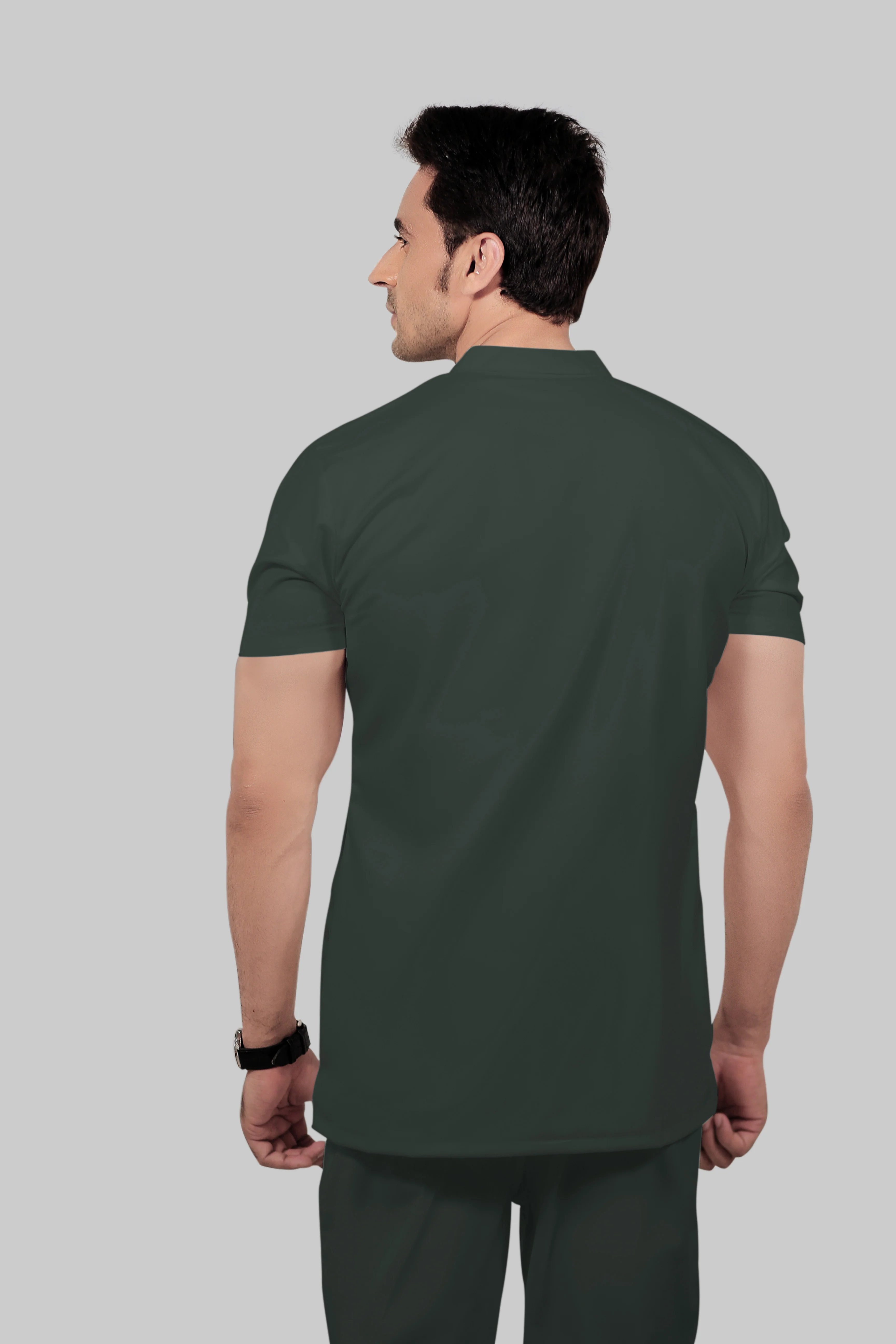 Stretchable (2Way) Men Bottle Green Mandarin With Straight Pant Scrub Set - Image 4