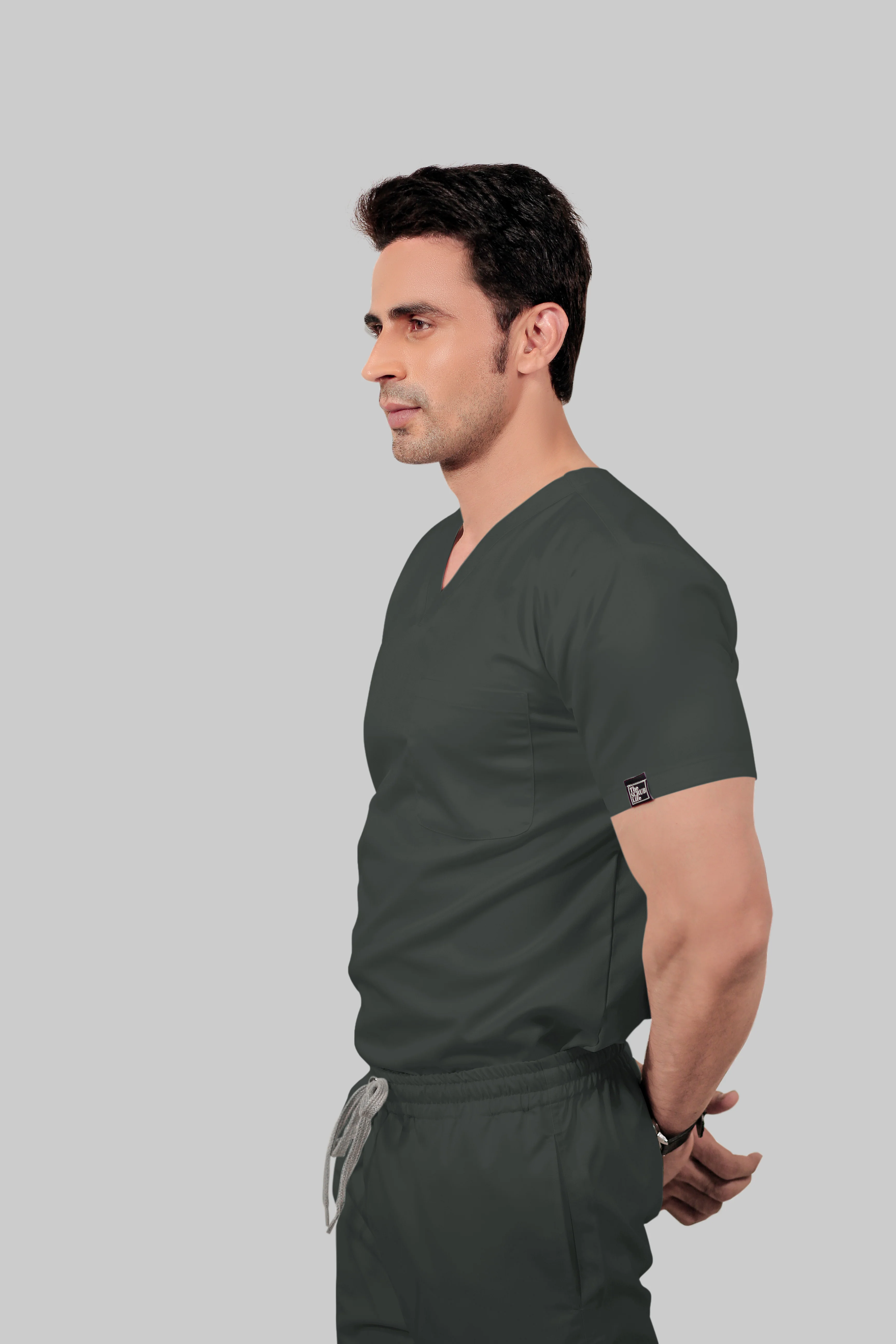 Stretchable (2Way) Men Bottle Green V-Neck With Jogger Scrub Set - Image 3