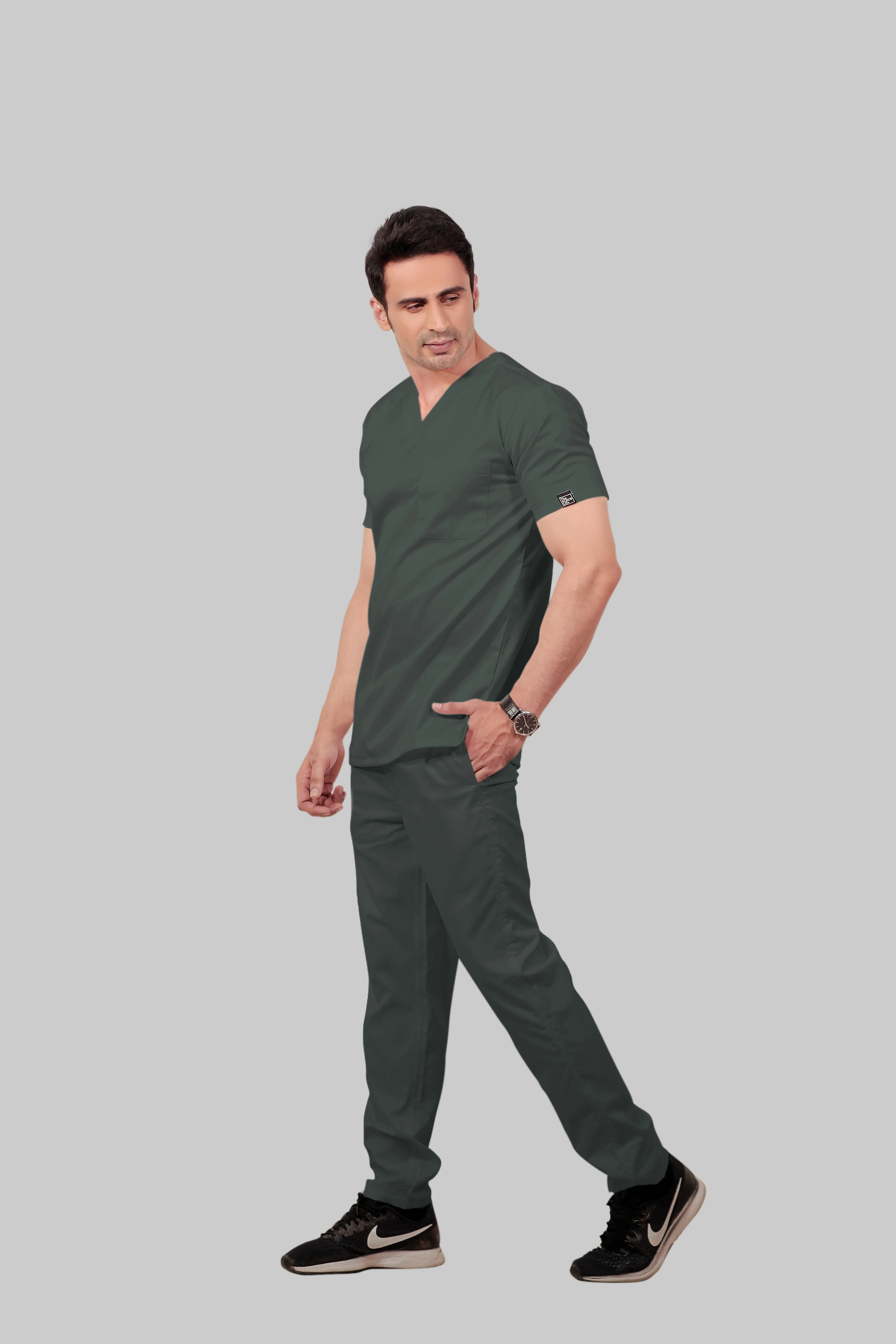 Stretchable (2Way) Men Bottle Green V-Neck With Straight Pant Scrub Set