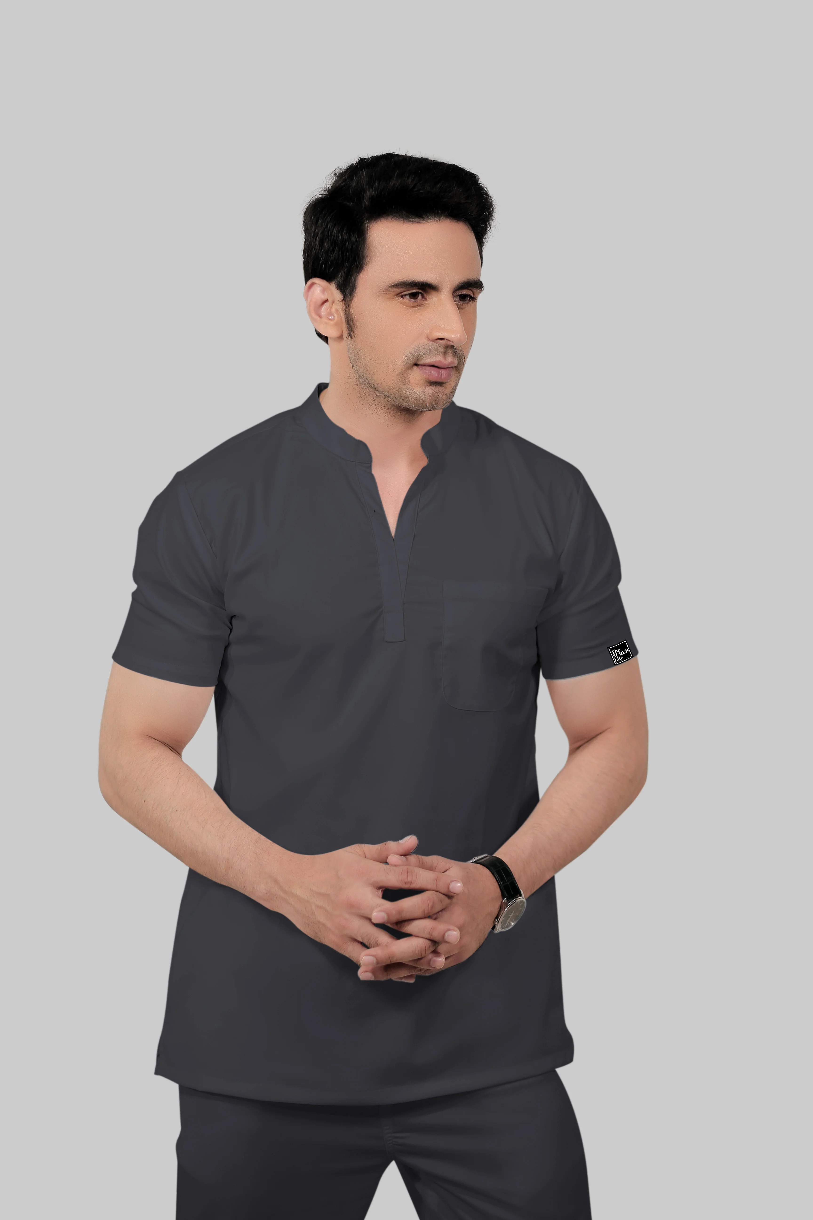 Stretchable (2Way) Men Dark Gray Mandarin Neck With Jogger Scrub Set - Image 3