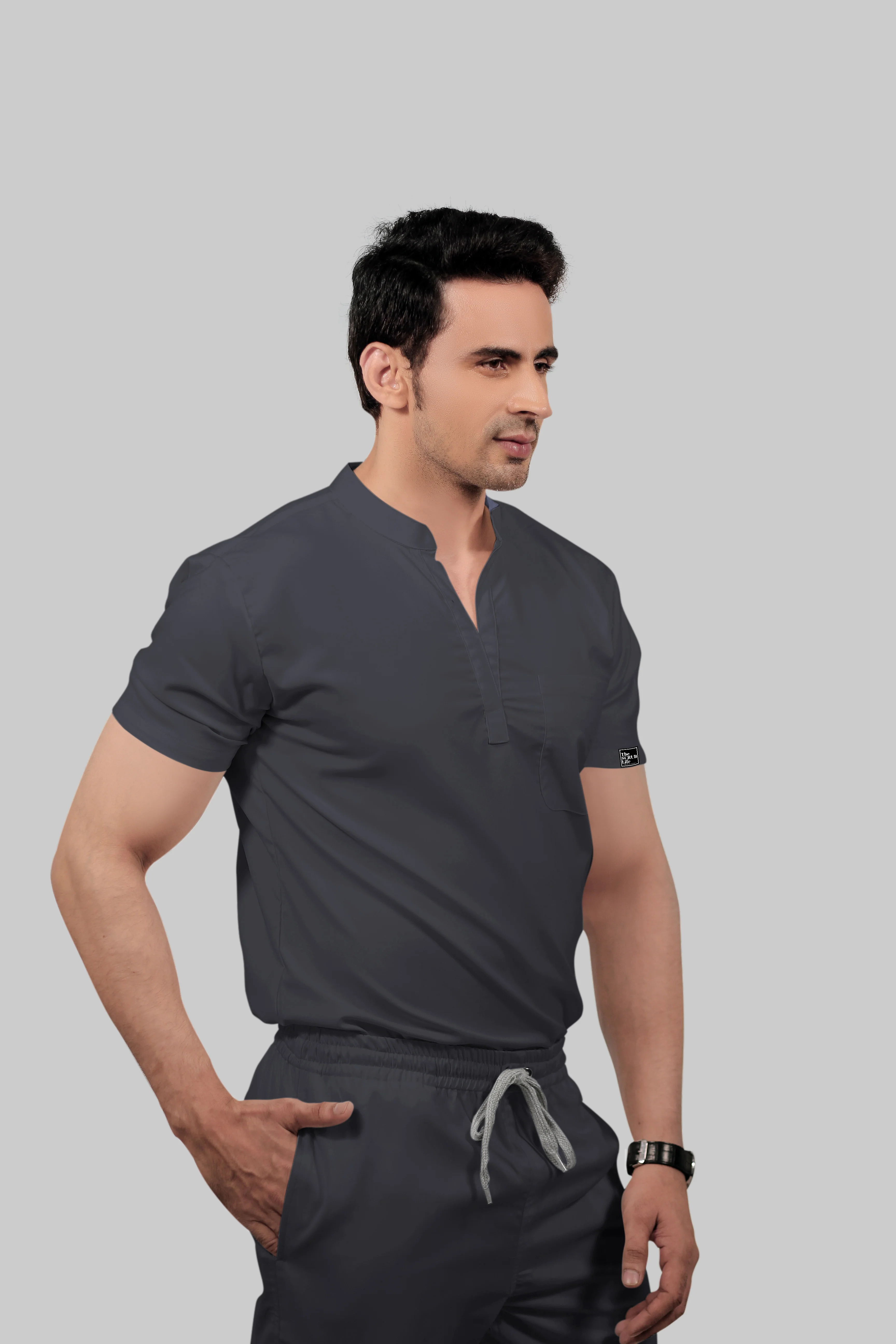 Stretchable (2Way) Men Dark Gray Mandarin Neck With Straight Pant Scrub Set - Image 2