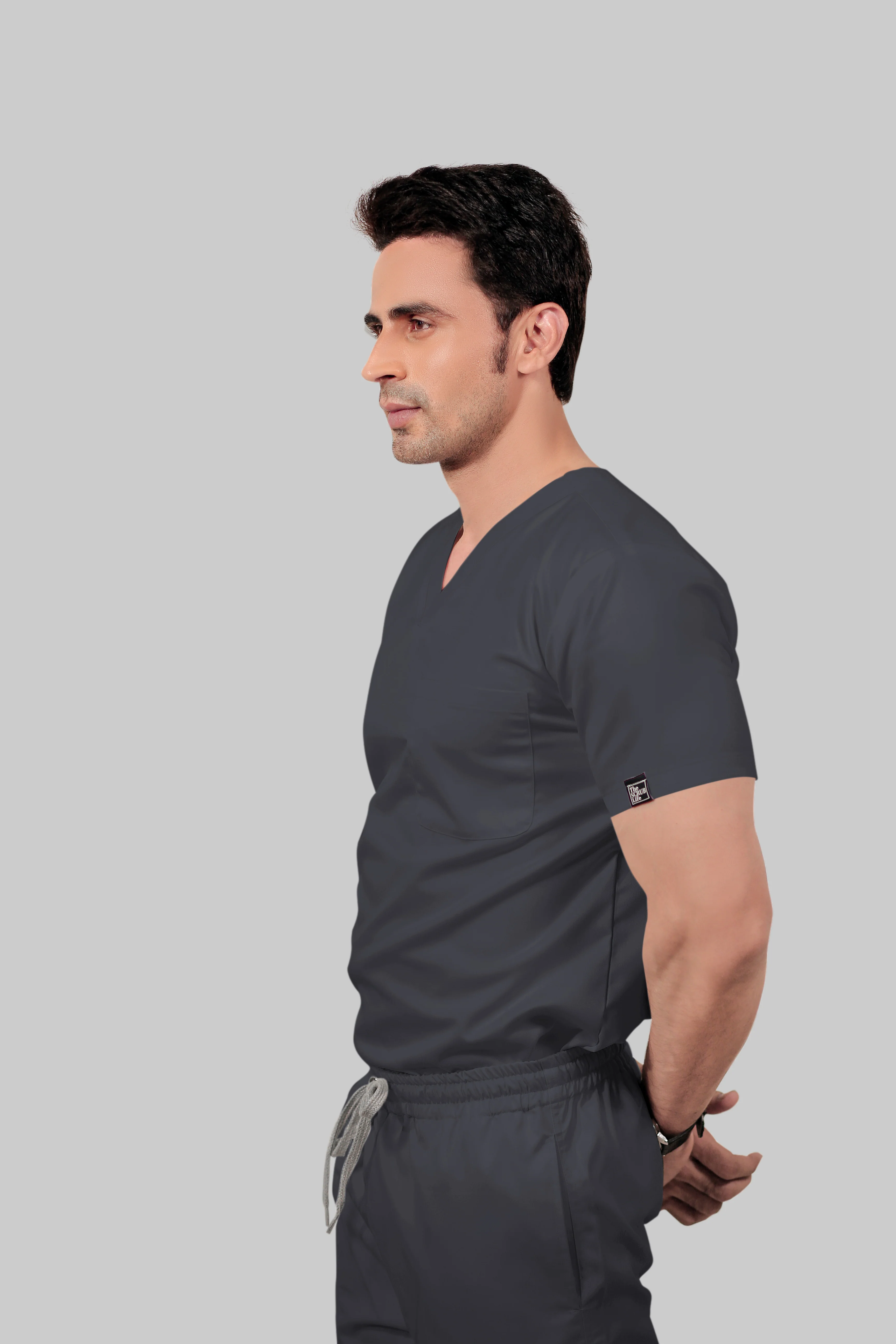 Stretchable (2Way) Men Dark Gray V-Neck With Jogger Scrub Set - Image 3