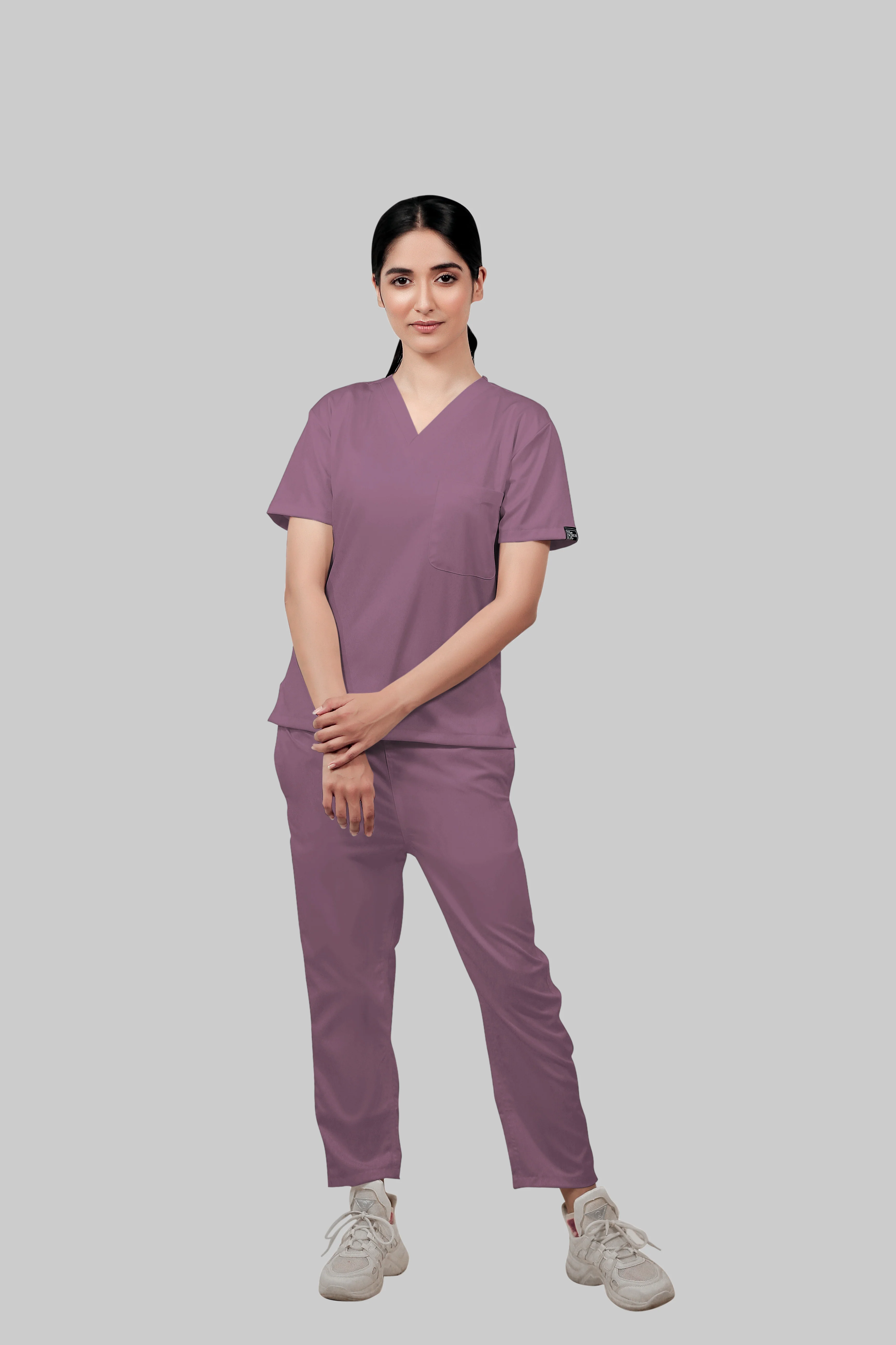 Stretchable (2Way) Women Lilac V-Neck With Straight Pant Scrub Set
