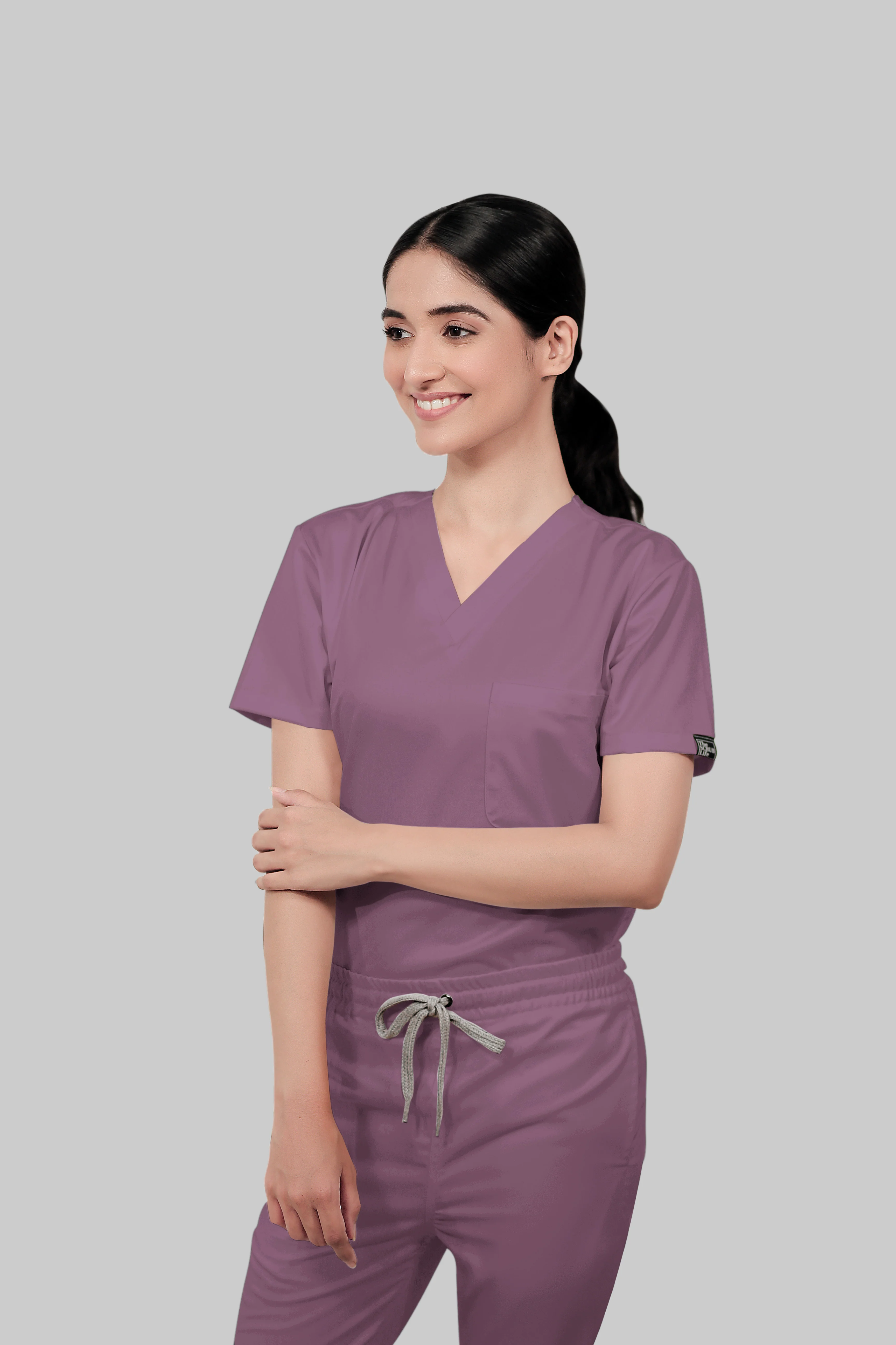 Stretchable (2Way) Women Lilac V-Neck With Straight Pant Scrub Set - Image 2
