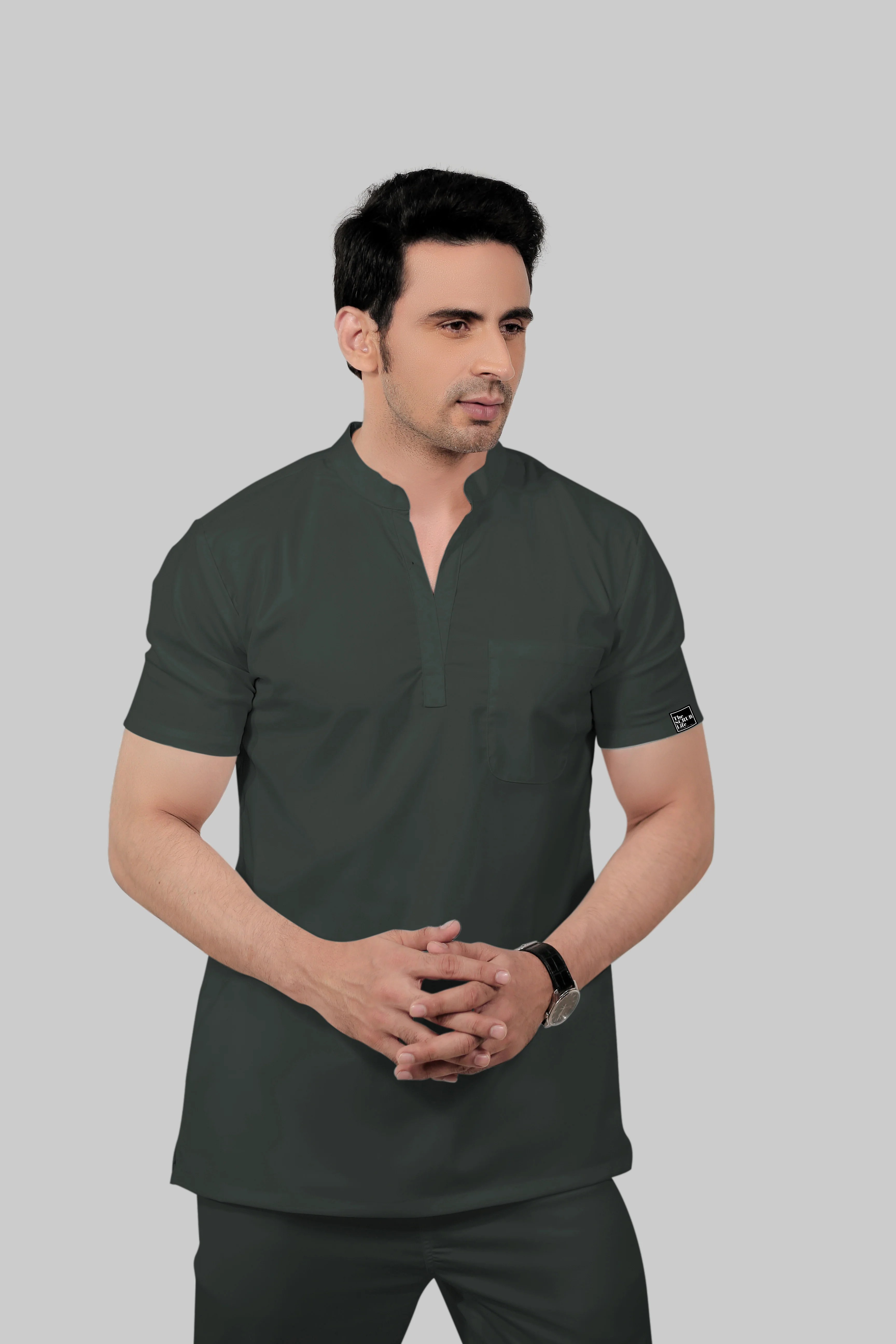 Stretchable (2Way) Men Bottle Green Mandarin Neck Scrub Top