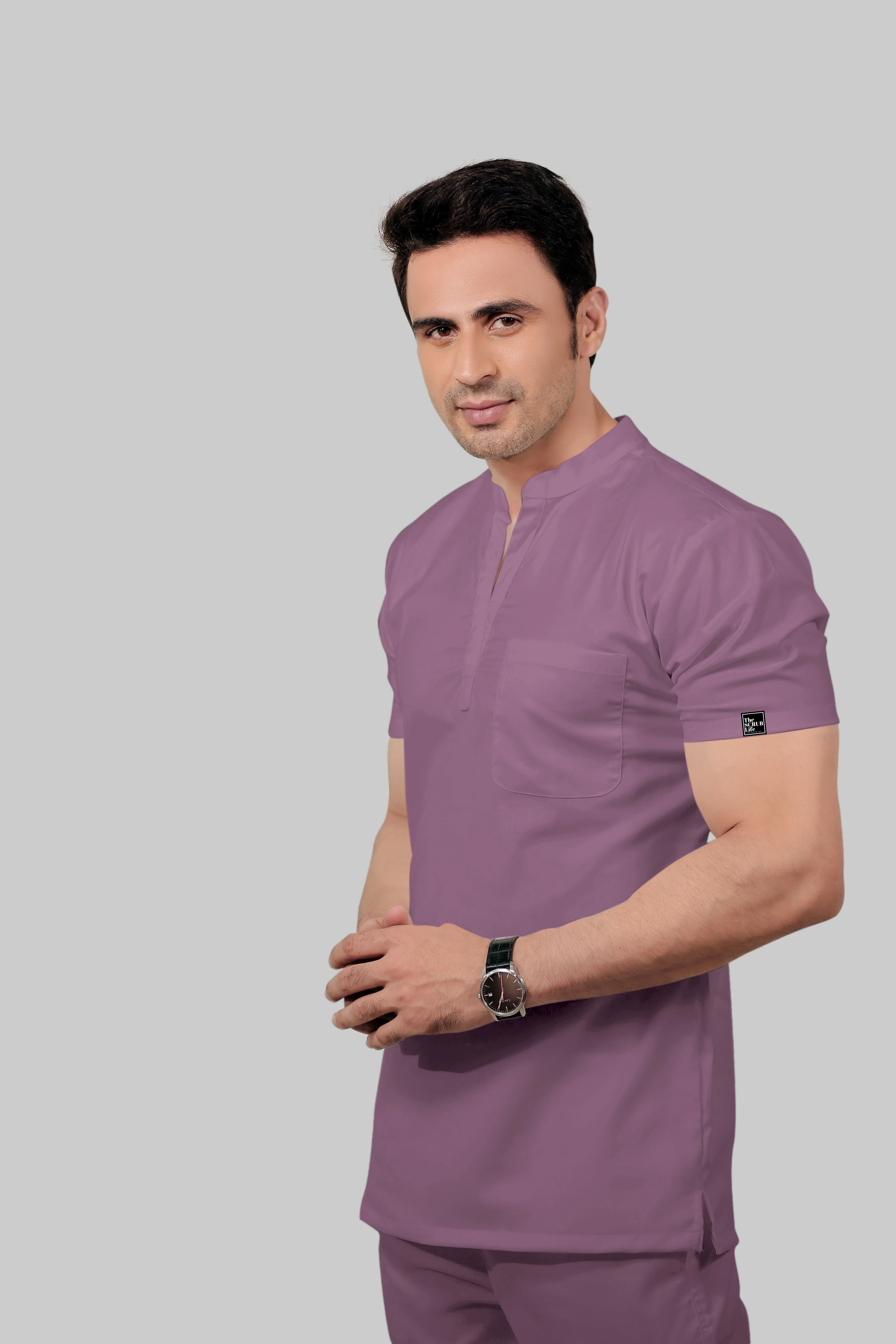 Stretchable (2Way) Men Lilac Mandarin Neck Scrub Top - Image 2