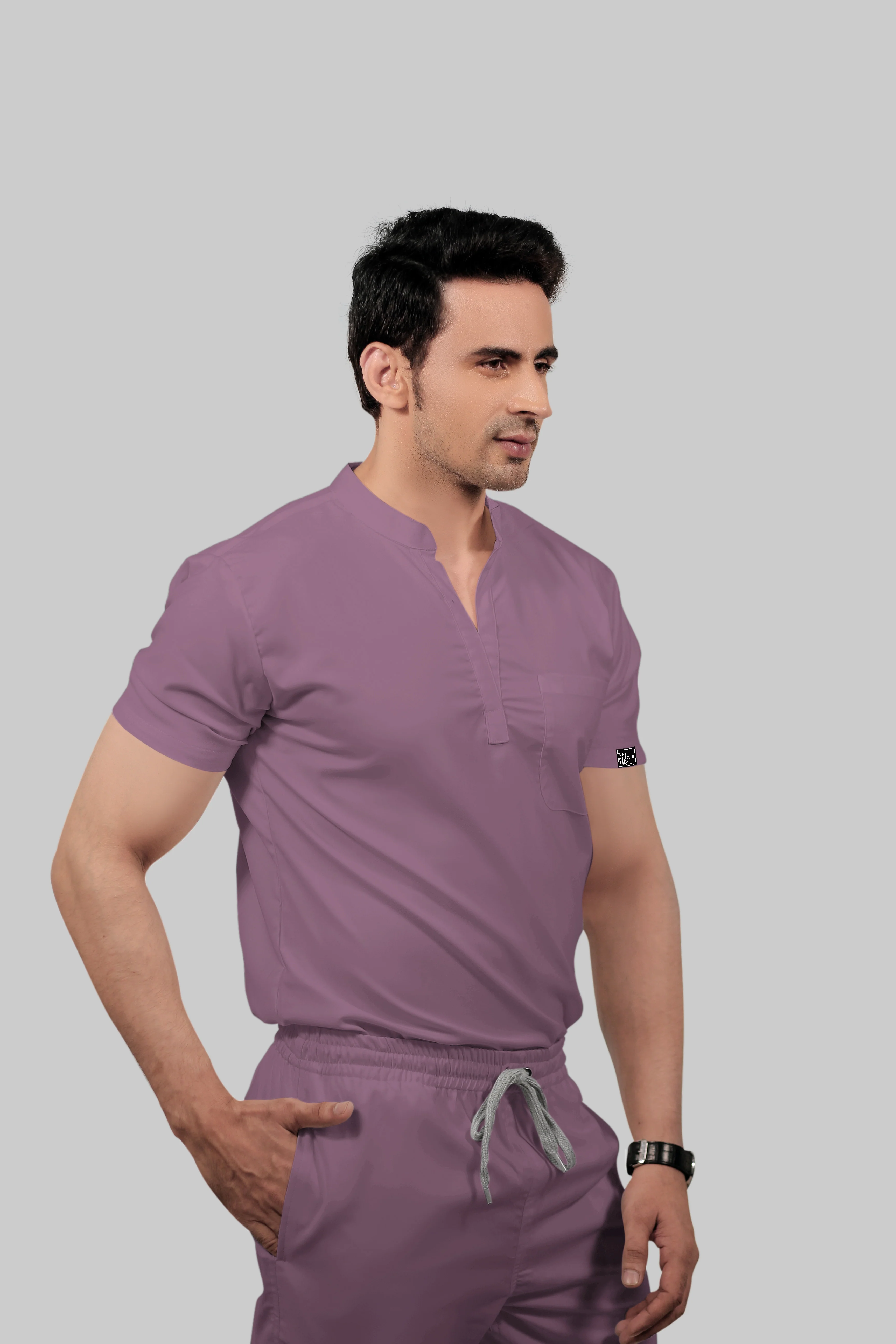 Stretchable (2Way) Men Lilac Mandarin Neck Scrub Top - Image 3