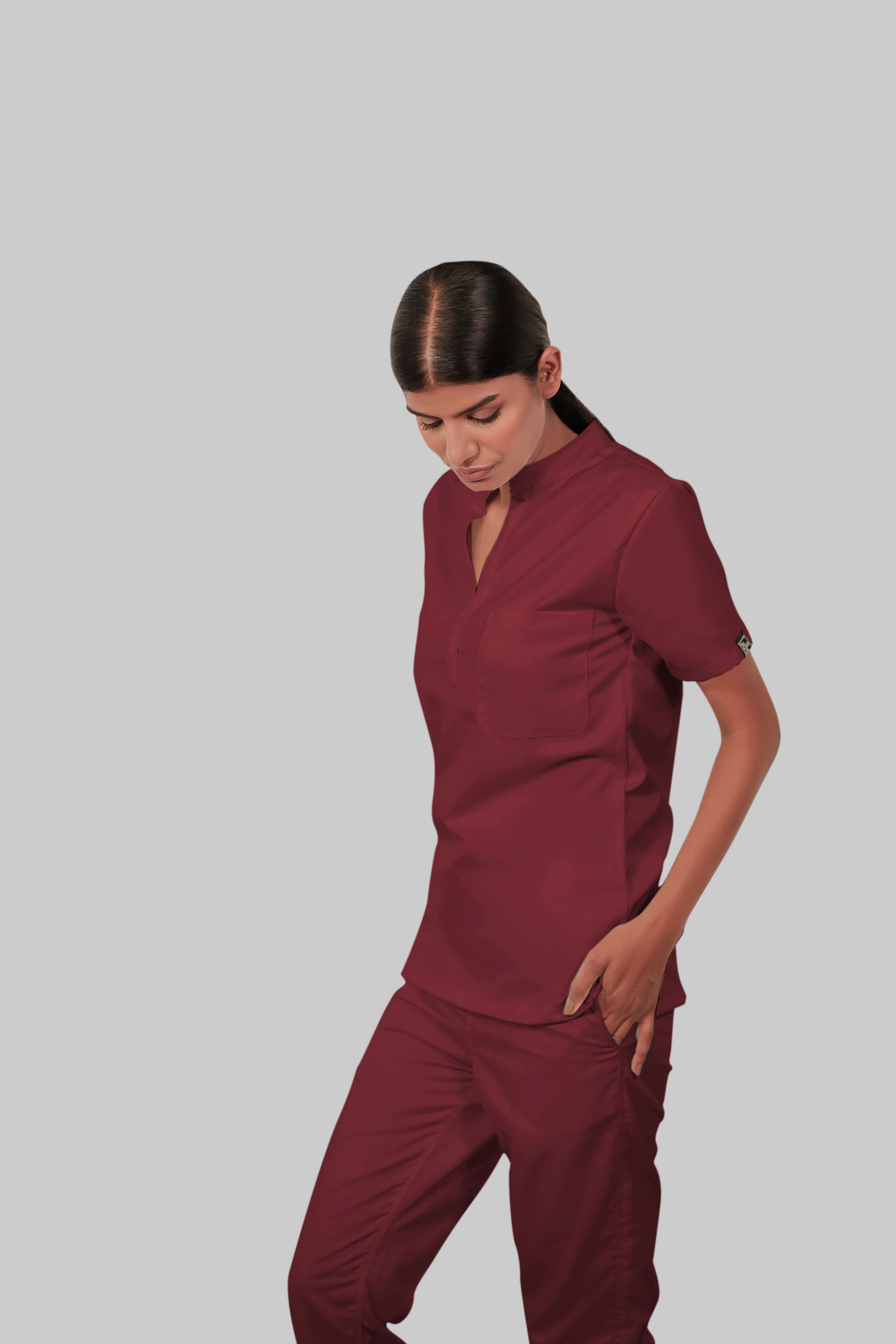 Stretchable (2Way) Women Maroon Mandarin Neck Scrub Top - Image 3