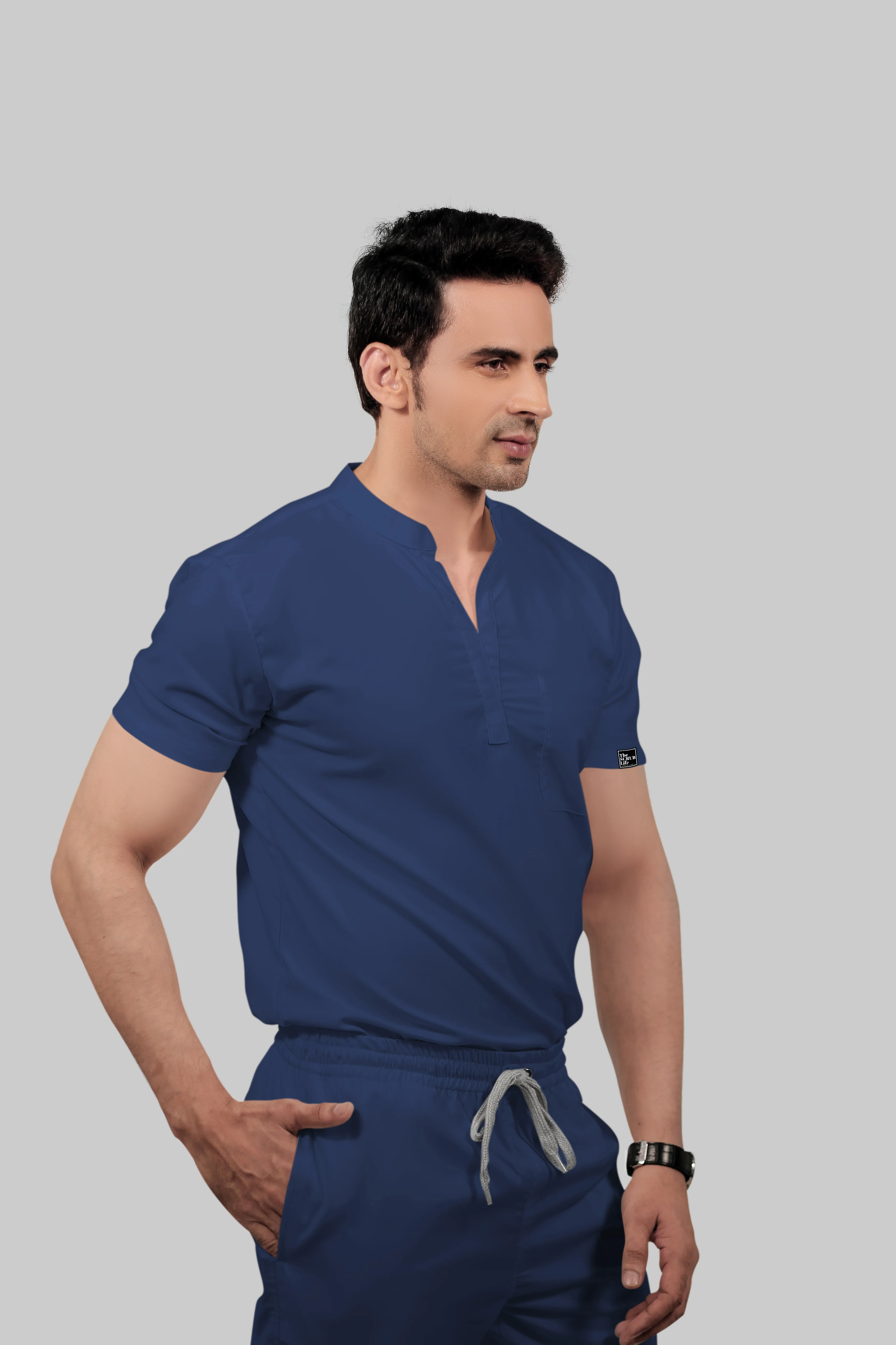 Stretchable (2Way) Men Navy Blue Mandarin Neck Scrub Top - Image 3