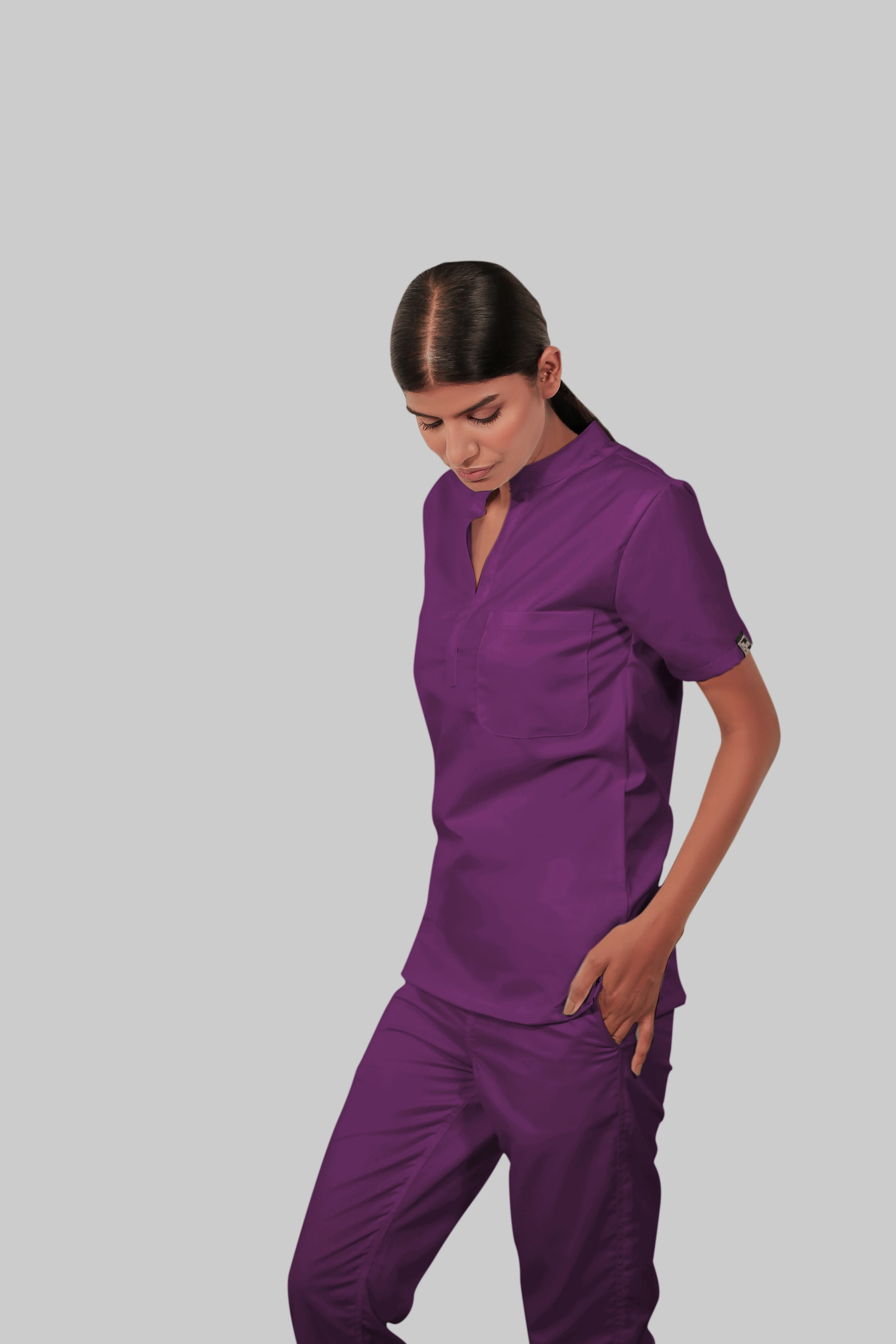 Stretchable (2Way) Women Purple Mandarin Neck Scrub Top - Image 3
