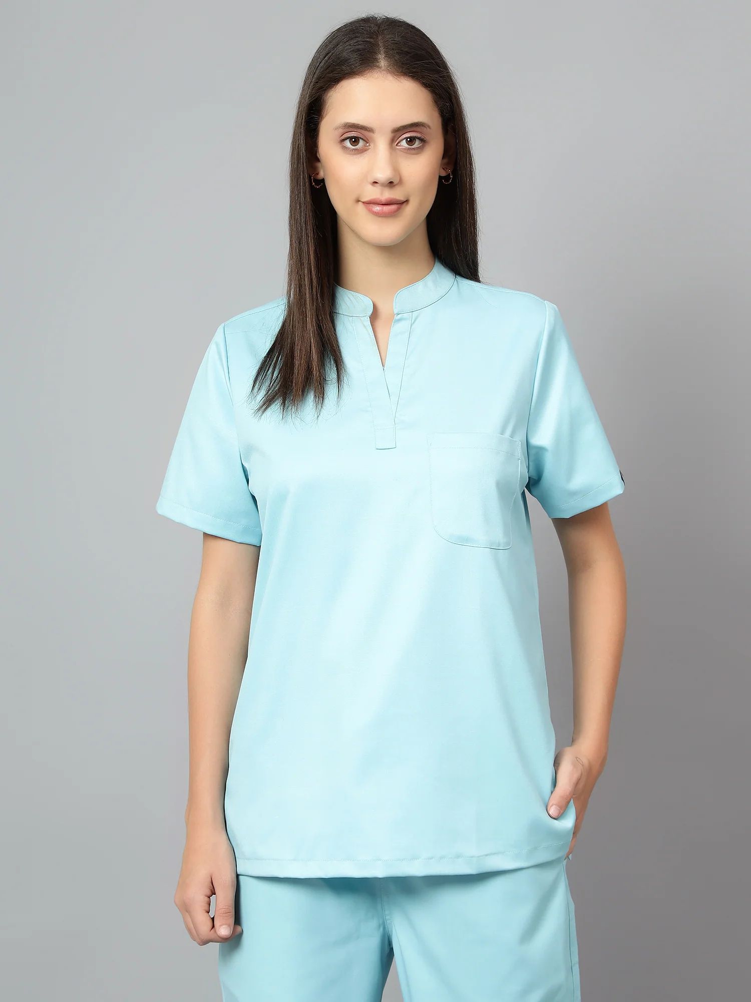Stretchable (2Way) Women Aqua Blue Mandarin Neck Scrub Top