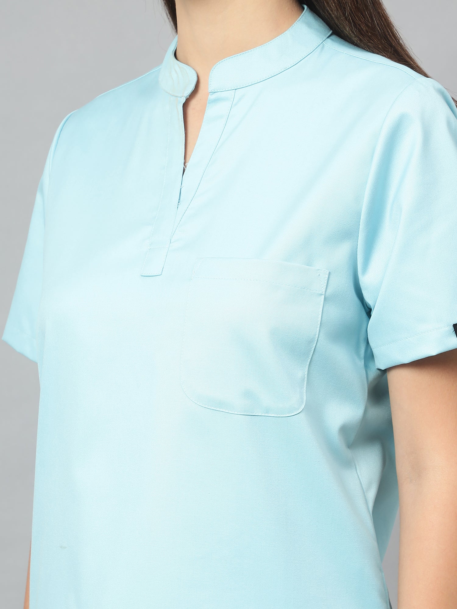 Stretchable (2Way) Women Aqua Blue Mandarin Neck Scrub Top - Image 3