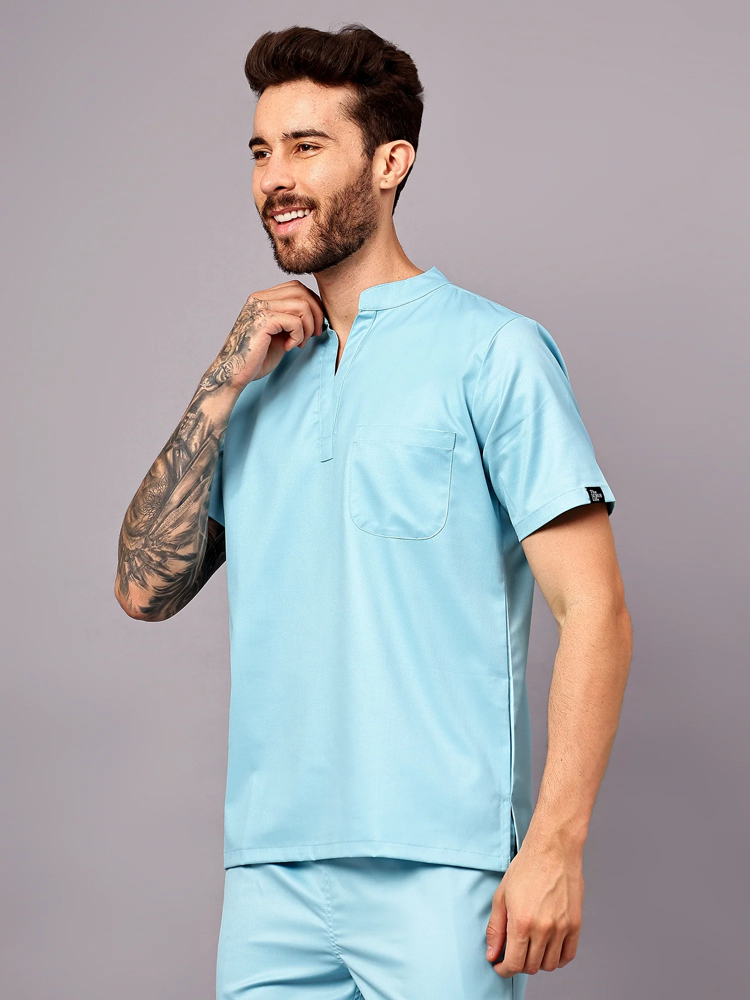 Stretchable (2Way) Men Aqua Blue Mandarin Neck Scrub Top - Image 2