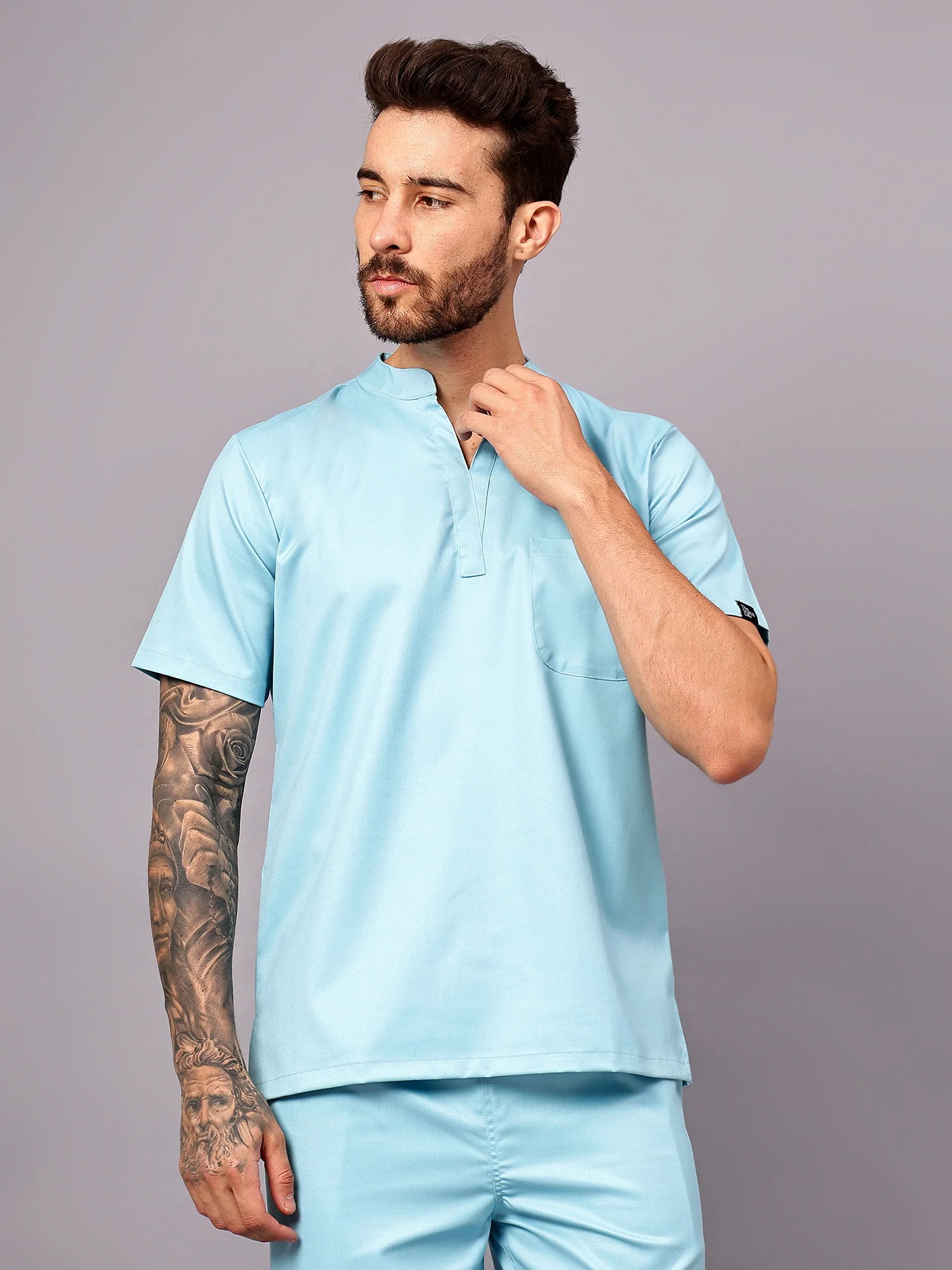 Stretchable (2Way) Men Aqua Blue Mandarin Neck Scrub Top - Image 3