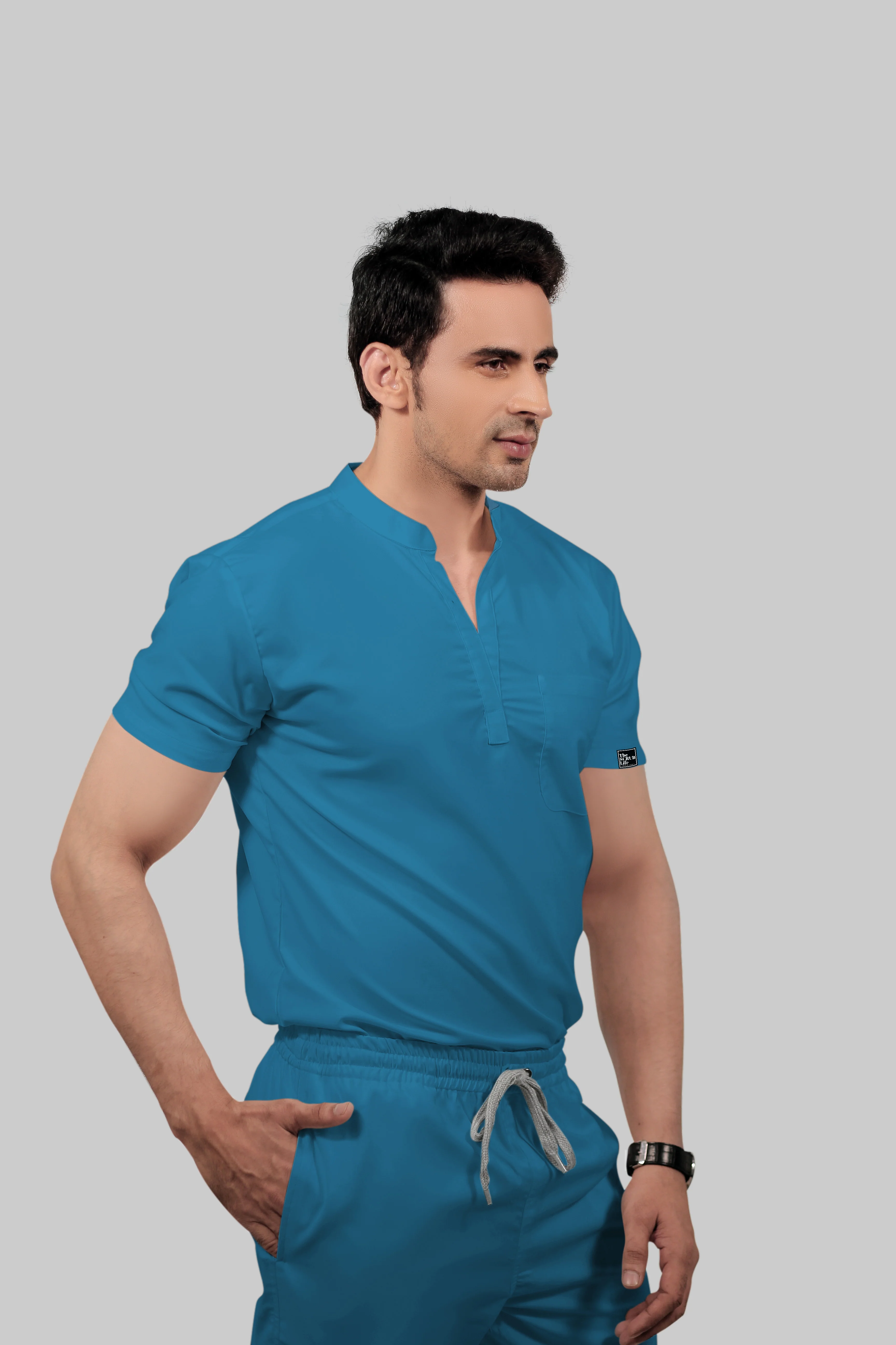 Stretchable (2Way) Men Peacock Blue Mandarin Neck Scrub Top - Image 3
