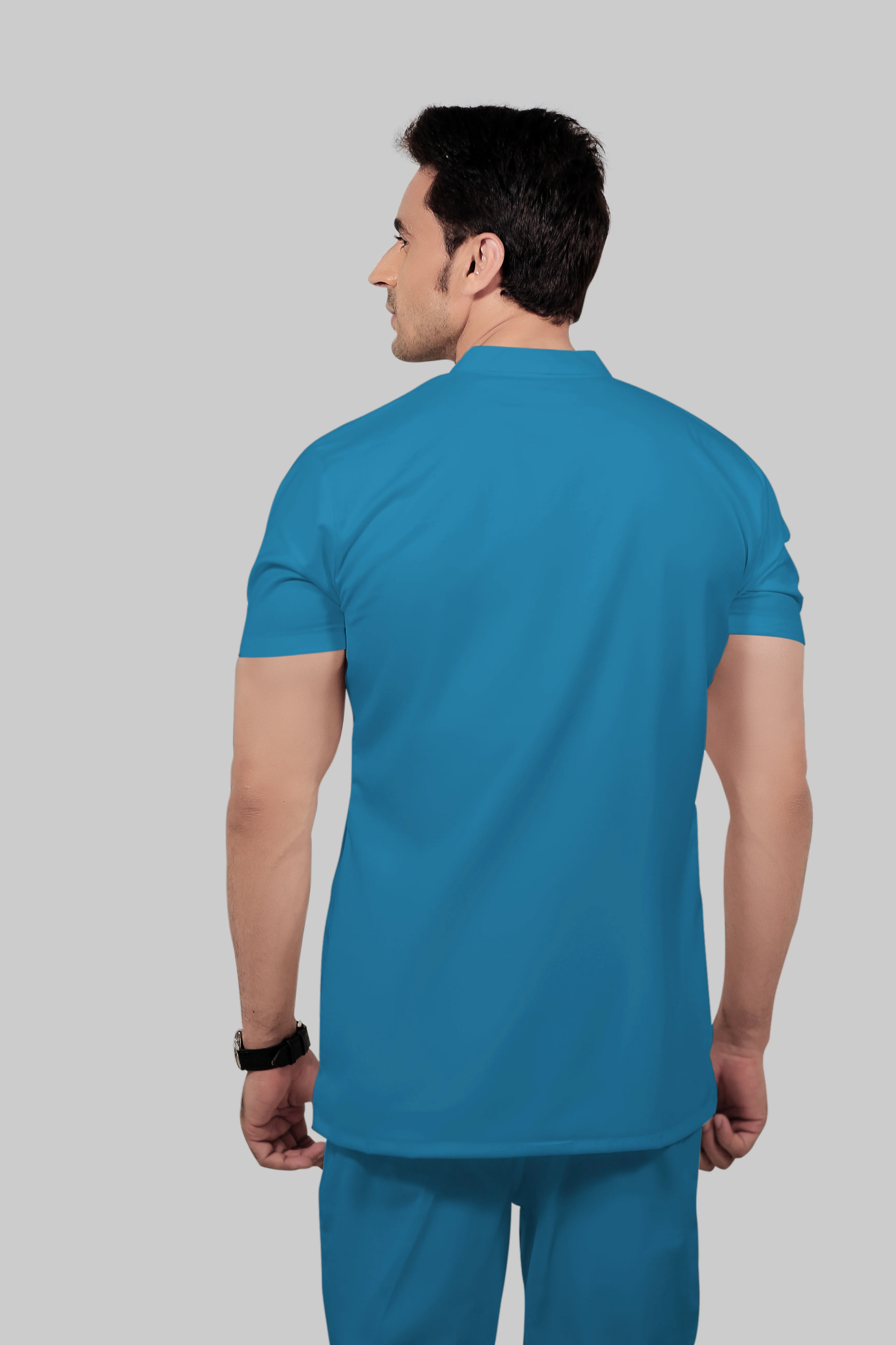 Stretchable (2Way) Men Peacock Blue Mandarin Neck Scrub Top - Image 4