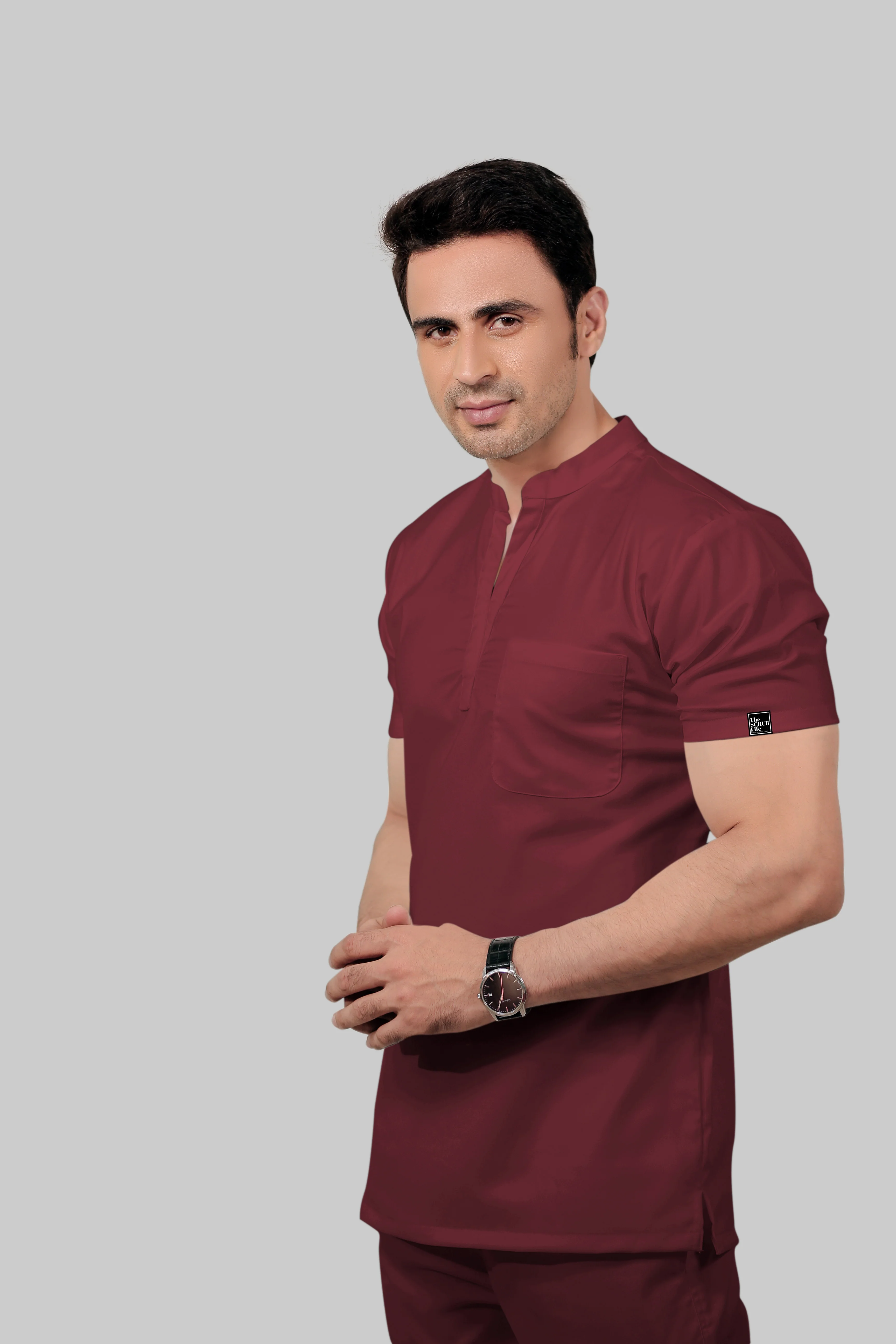 Stretchable (2Way) Men Maroon Mandarin Neck With Jogger Scrub Set - Image 4