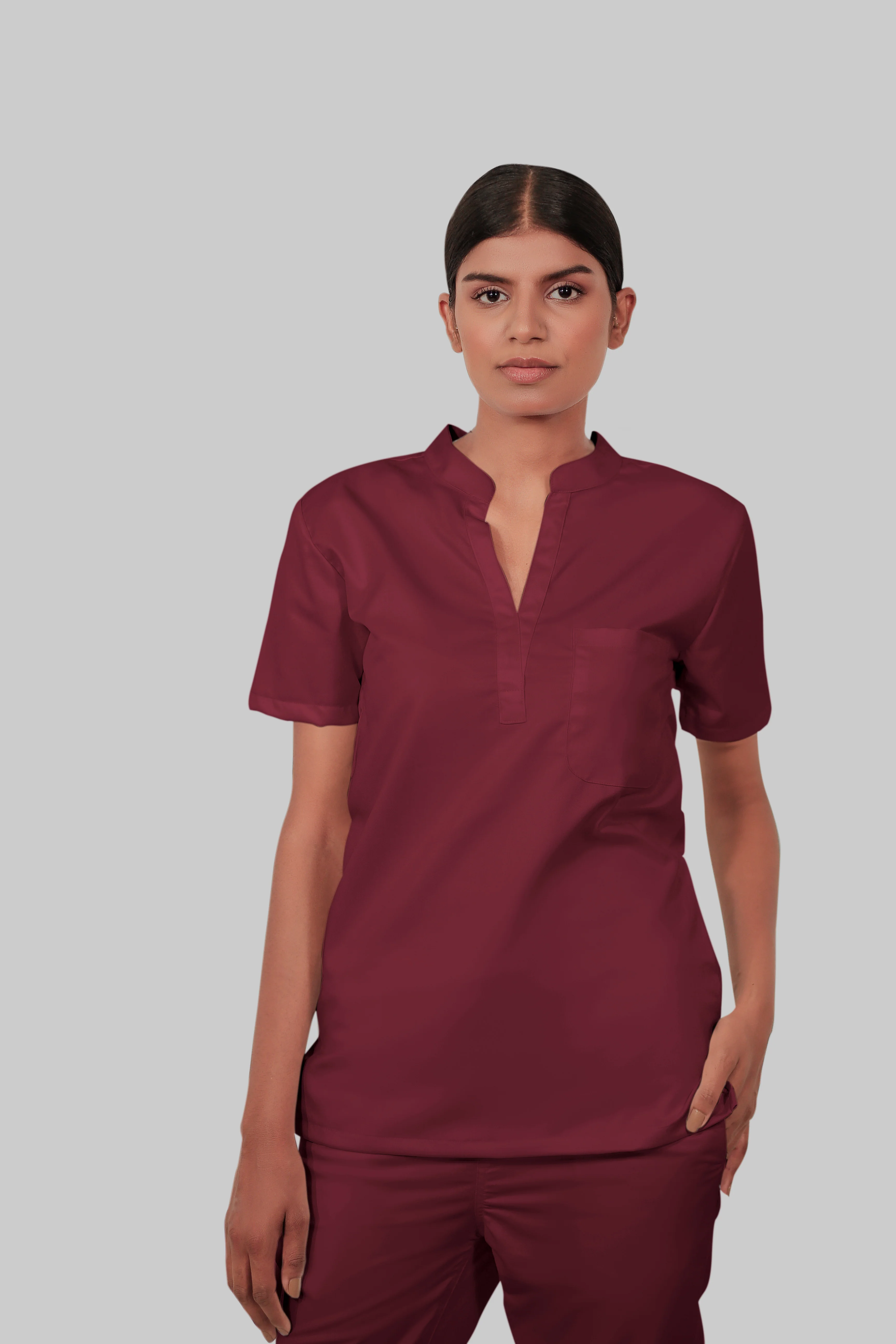 Stretchable (2Way) Women Maroon Mandarin Neck With Straight Pant Scrub Set - Image 3