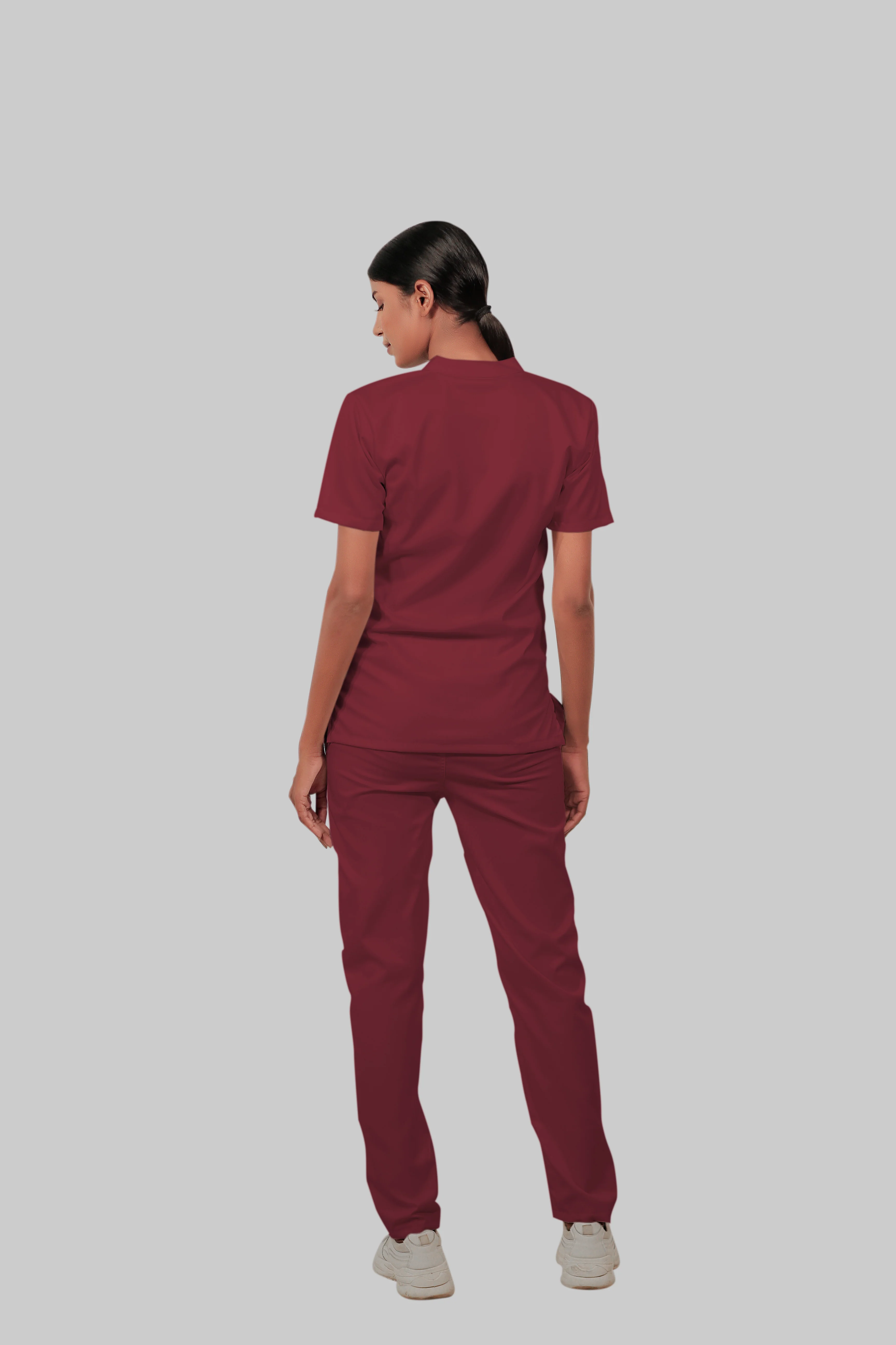 Stretchable (2Way) Women Maroon Mandarin Neck With Straight Pant Scrub Set - Image 4