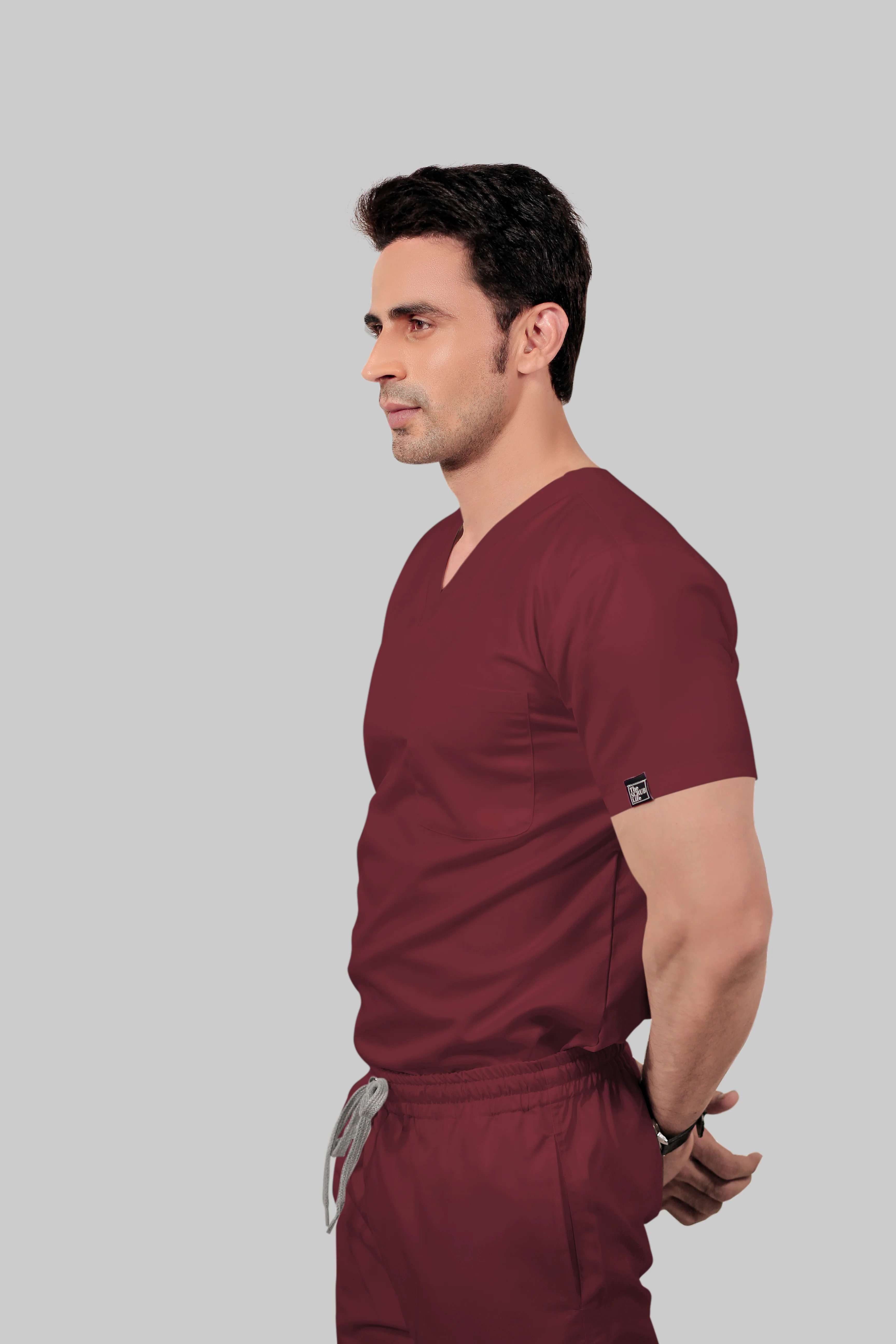 Stretchable (2Way) Men Maroon V-Neck With Straight Pant Scrub Set - Image 4