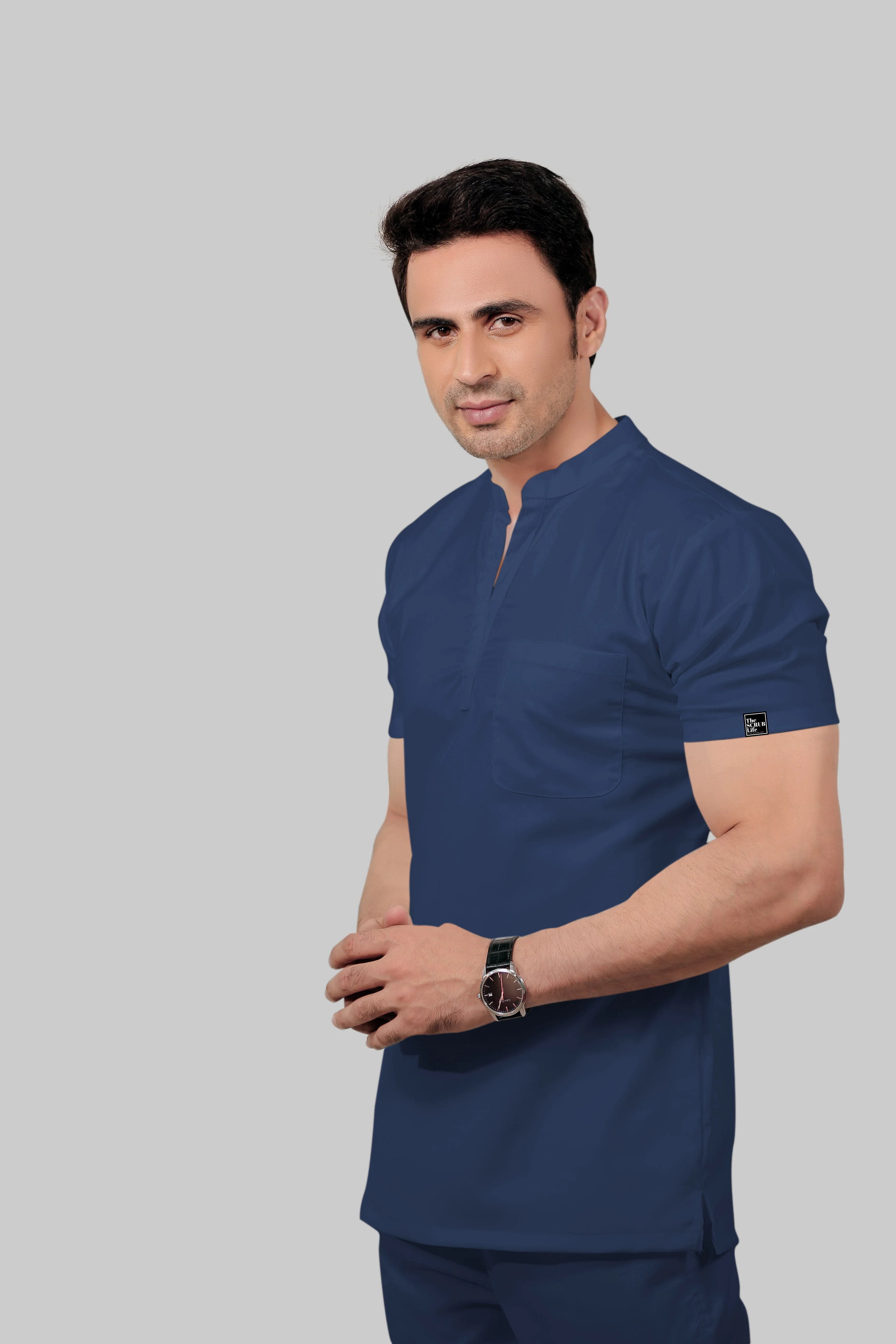 Stretchable (2Way) Men Navy Blue Mandarin Neck With Jogger Scrub Set - Image 4