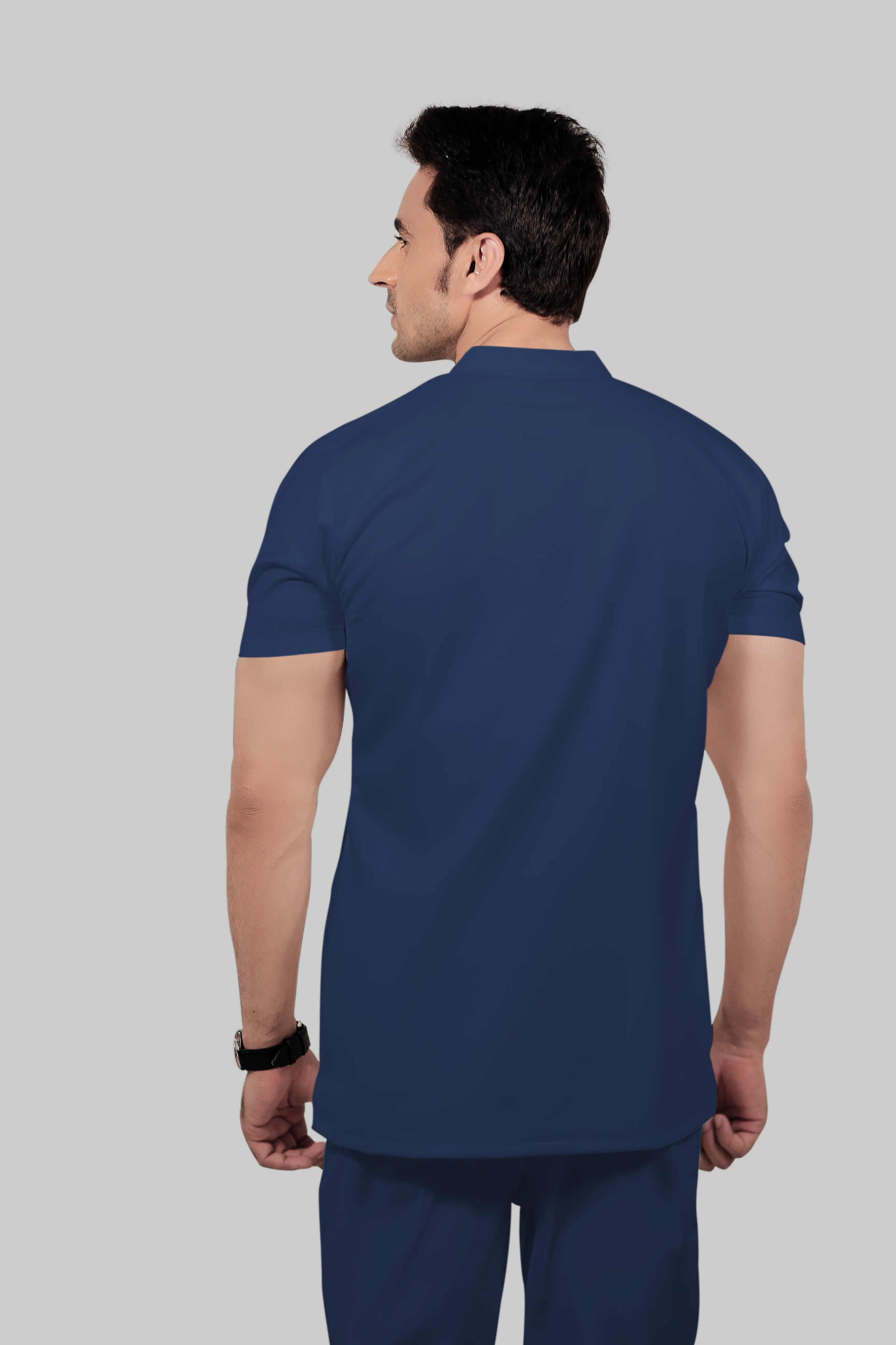 Stretchable (2Way) Men Navy Blue Mandarin Neck With Jogger Scrub Set - Image 5