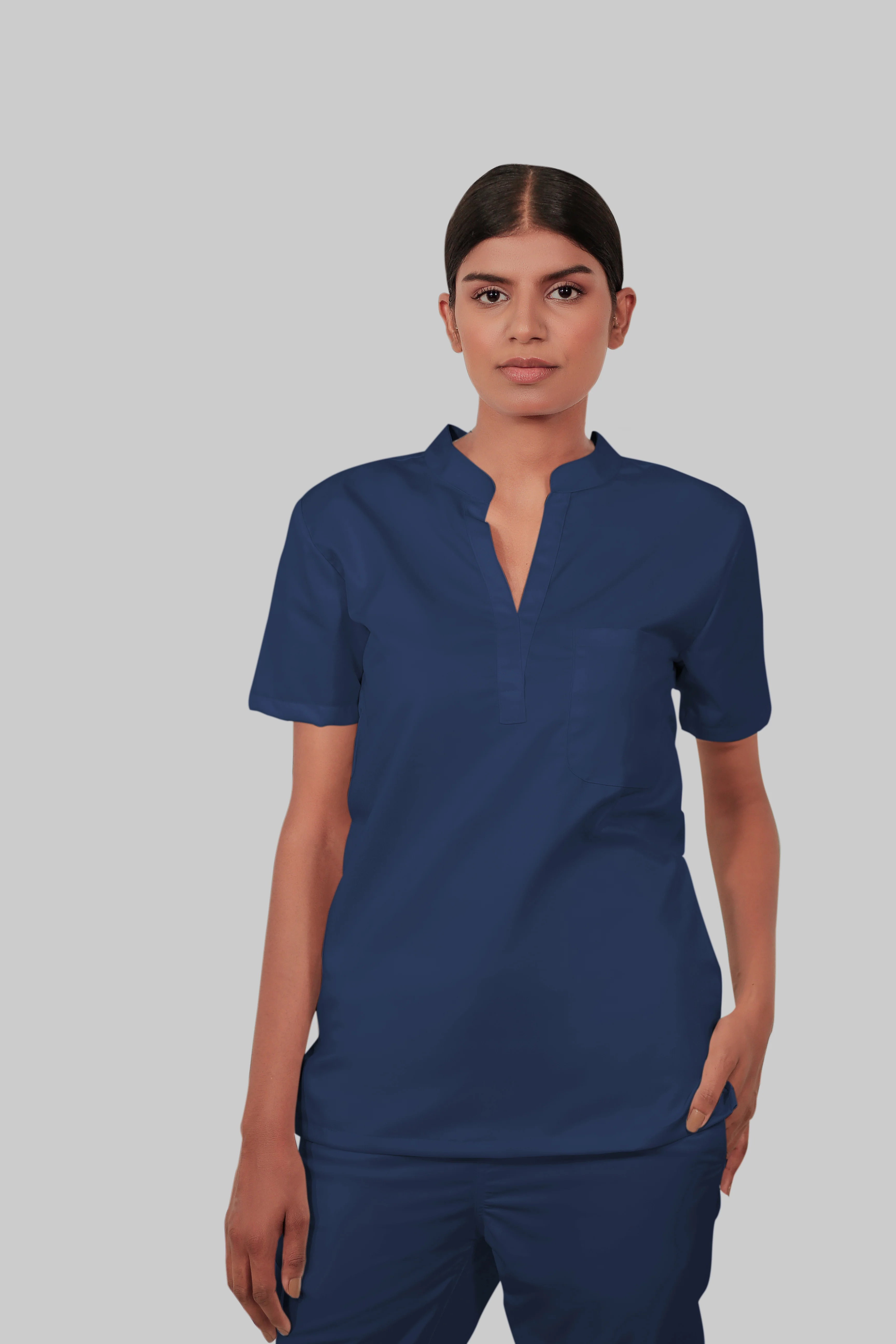 Stretchable (2Way) Women Navy Blue Mandarin Neck With Straight Pant Scrub Set - Image 4