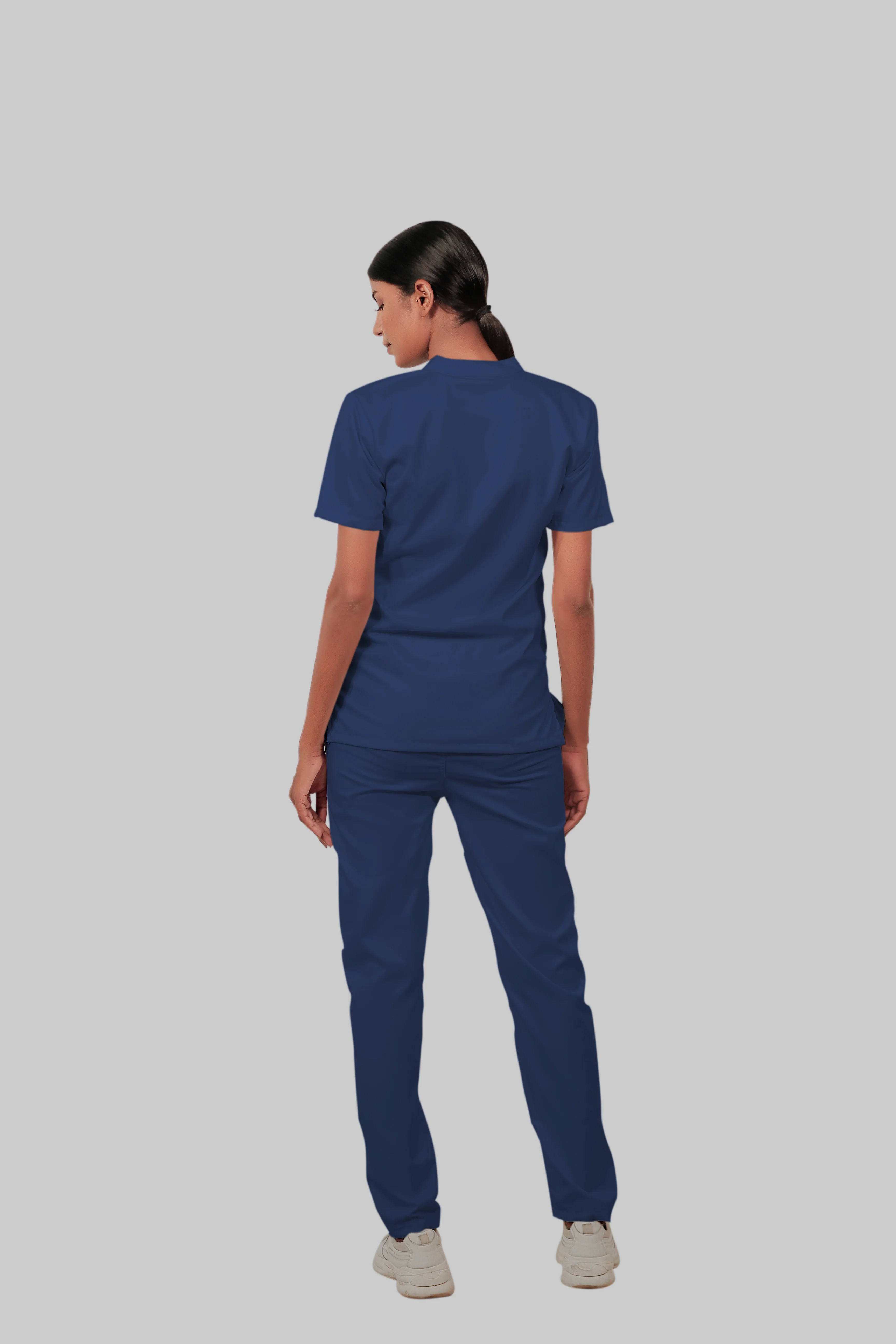 Stretchable (2Way) Women Navy Blue Mandarin Neck With Straight Pant Scrub Set - Image 5