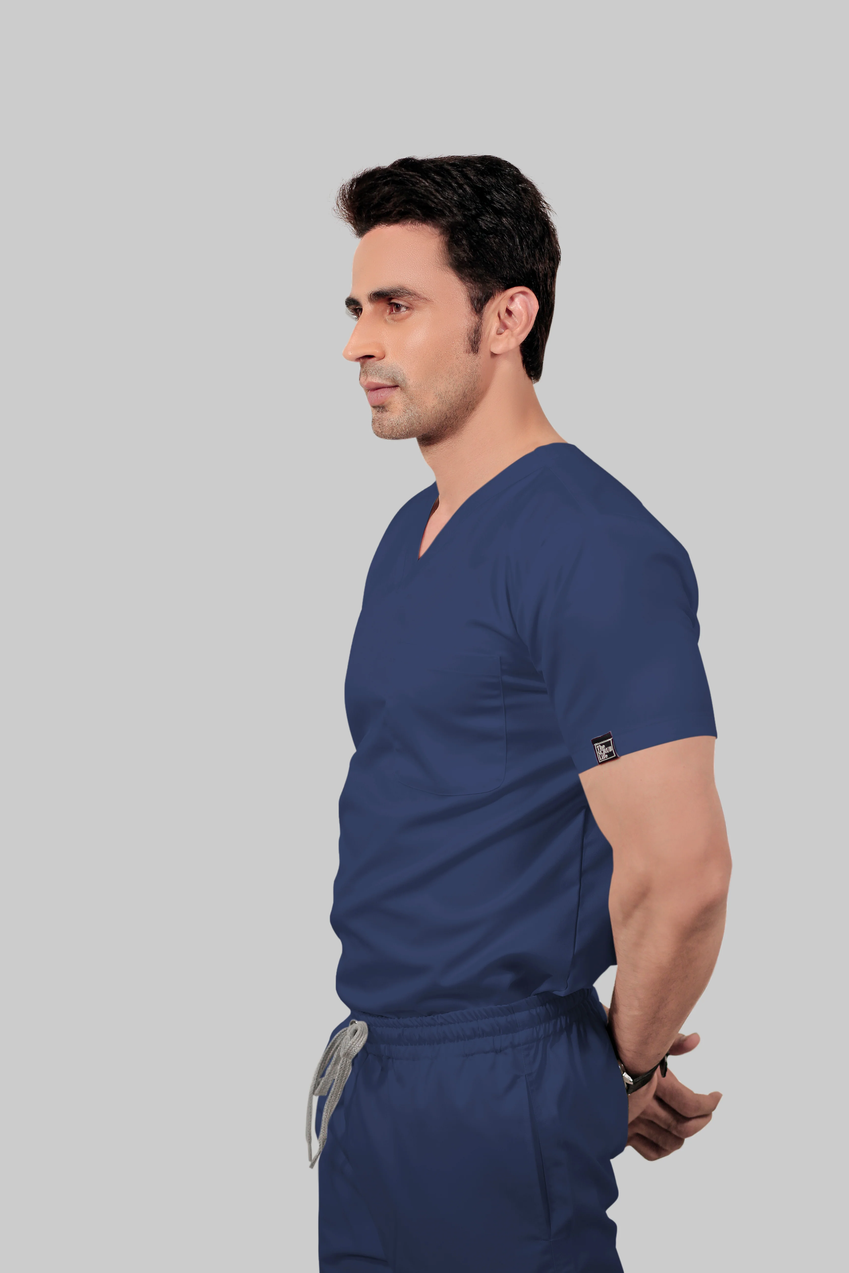 Stretchable (2Way) Men Navy Blue V-Neck With Jogger Scrub Set - Image 3