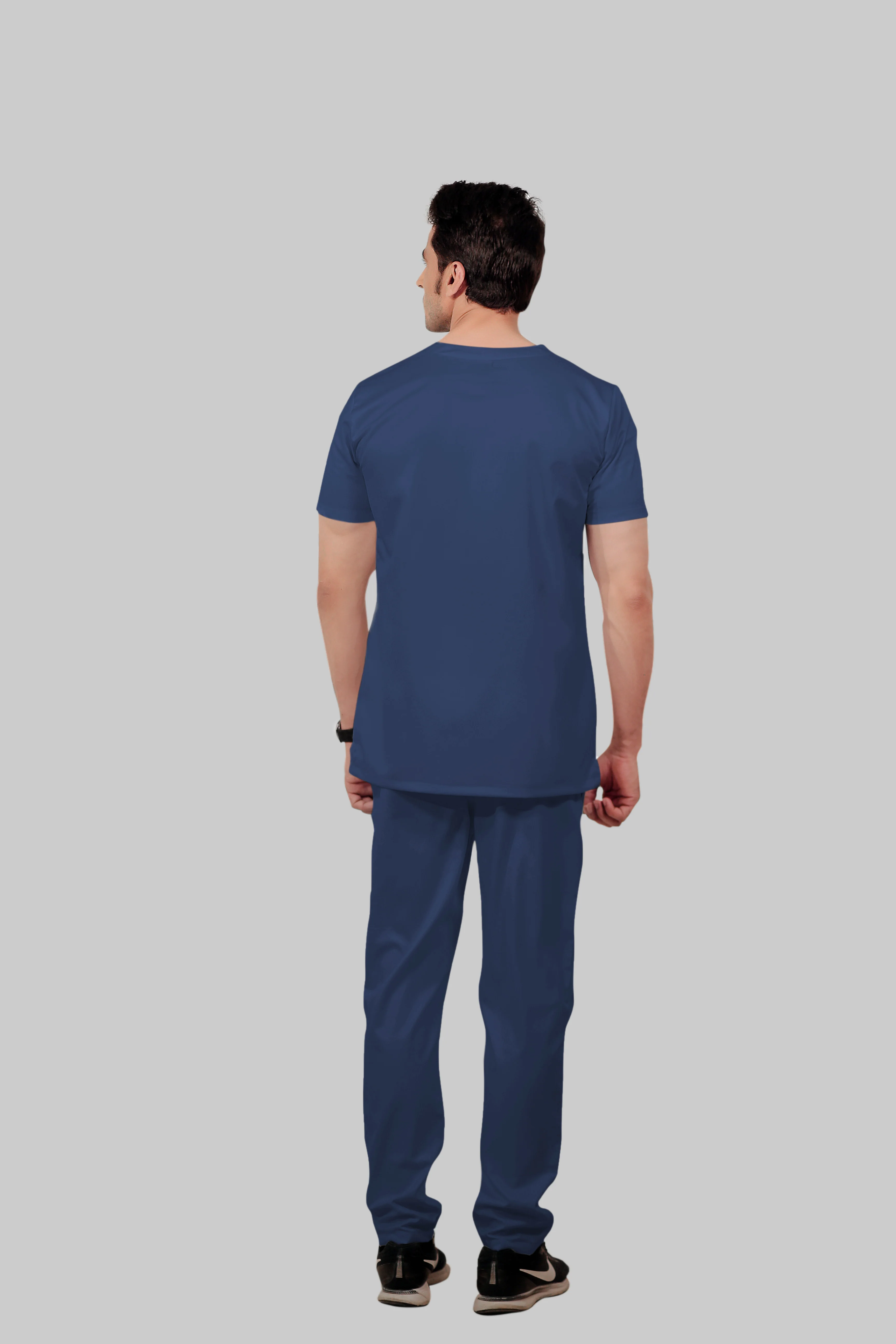 Stretchable (2Way) Men Navy Blue V-Neck With Straight Pant Scrub Set - Image 5