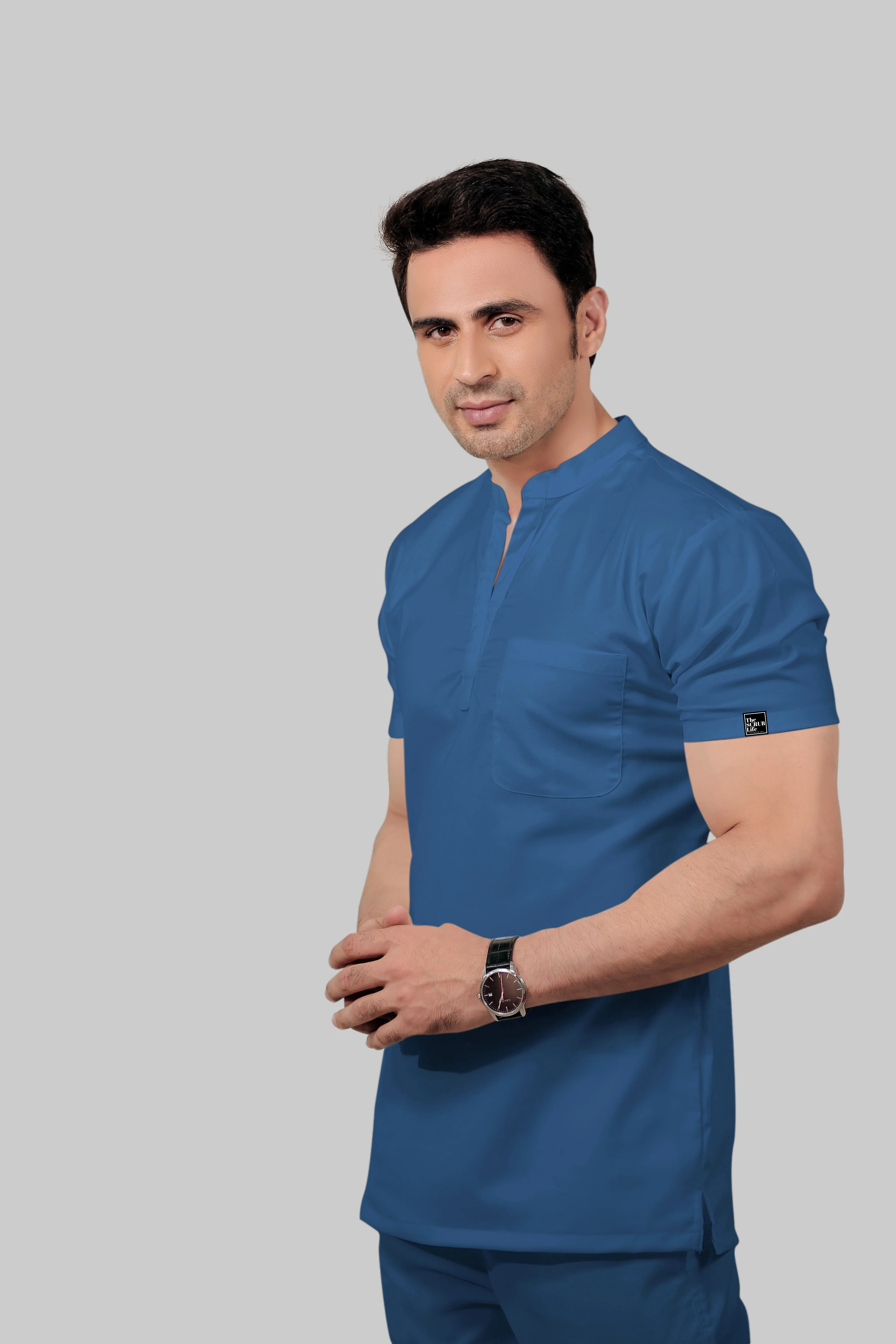 Stretchable (2Way) Men Steel Blue Mandarin Neck With Straight Pant Scrub Set - Image 3