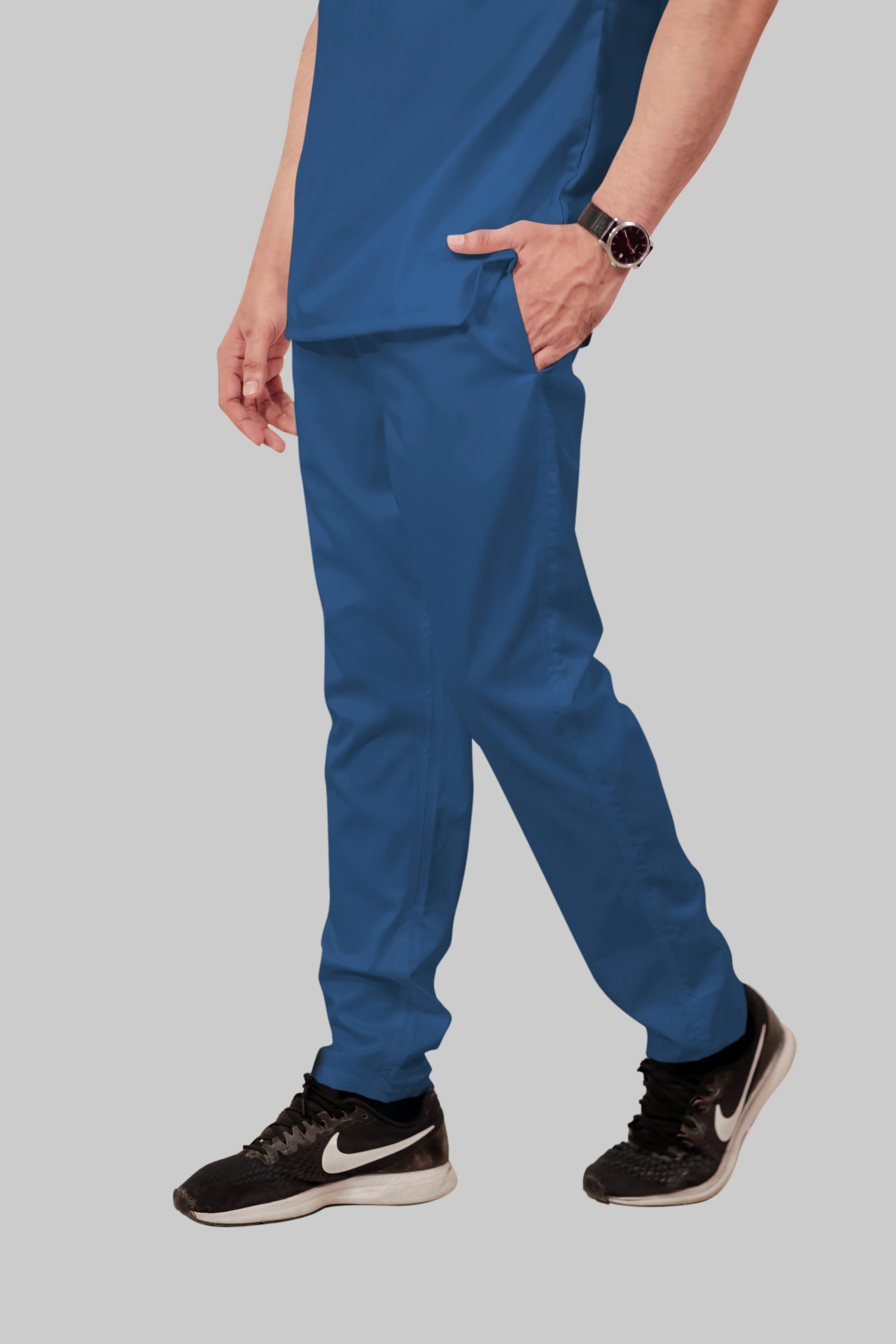 Stretchable (2Way) Men Steel Blue Mandarin Neck With Straight Pant Scrub Set - Image 5