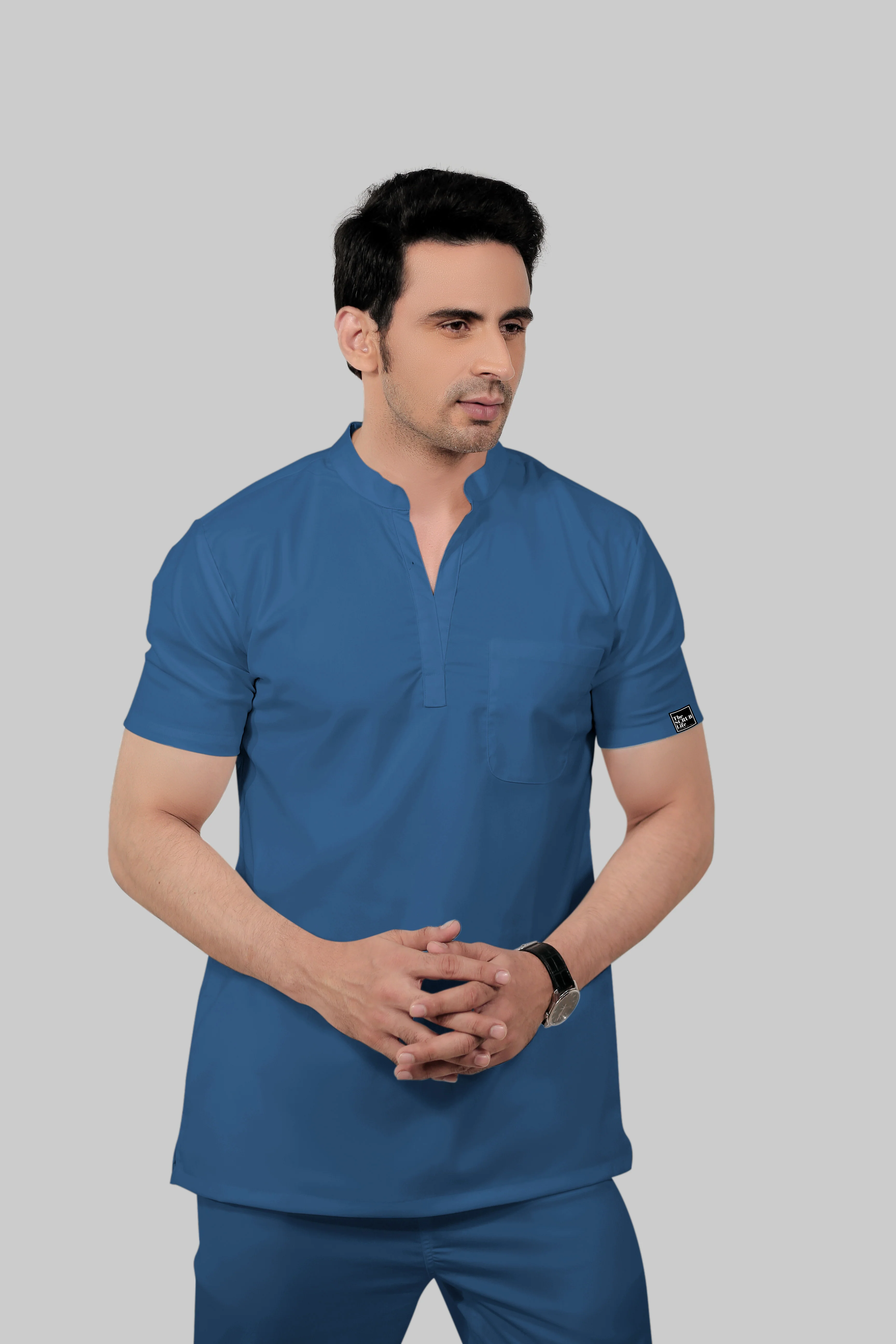 Stretchable (2Way) Men Steel Blue Mandarin Neck With Jogger Scrub Set - Image 3