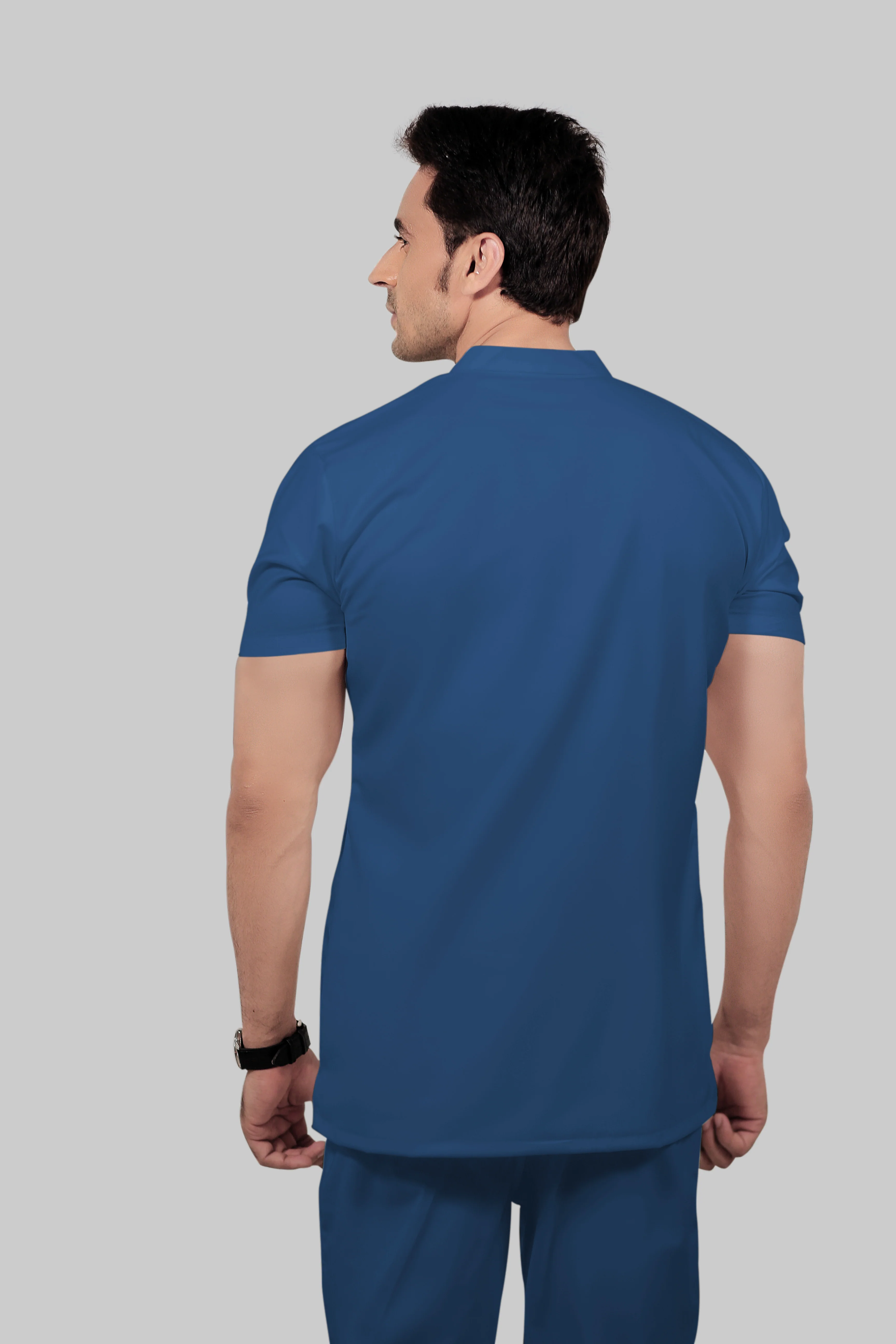 Stretchable (2Way) Men Steel Blue Mandarin Neck With Jogger Scrub Set - Image 5