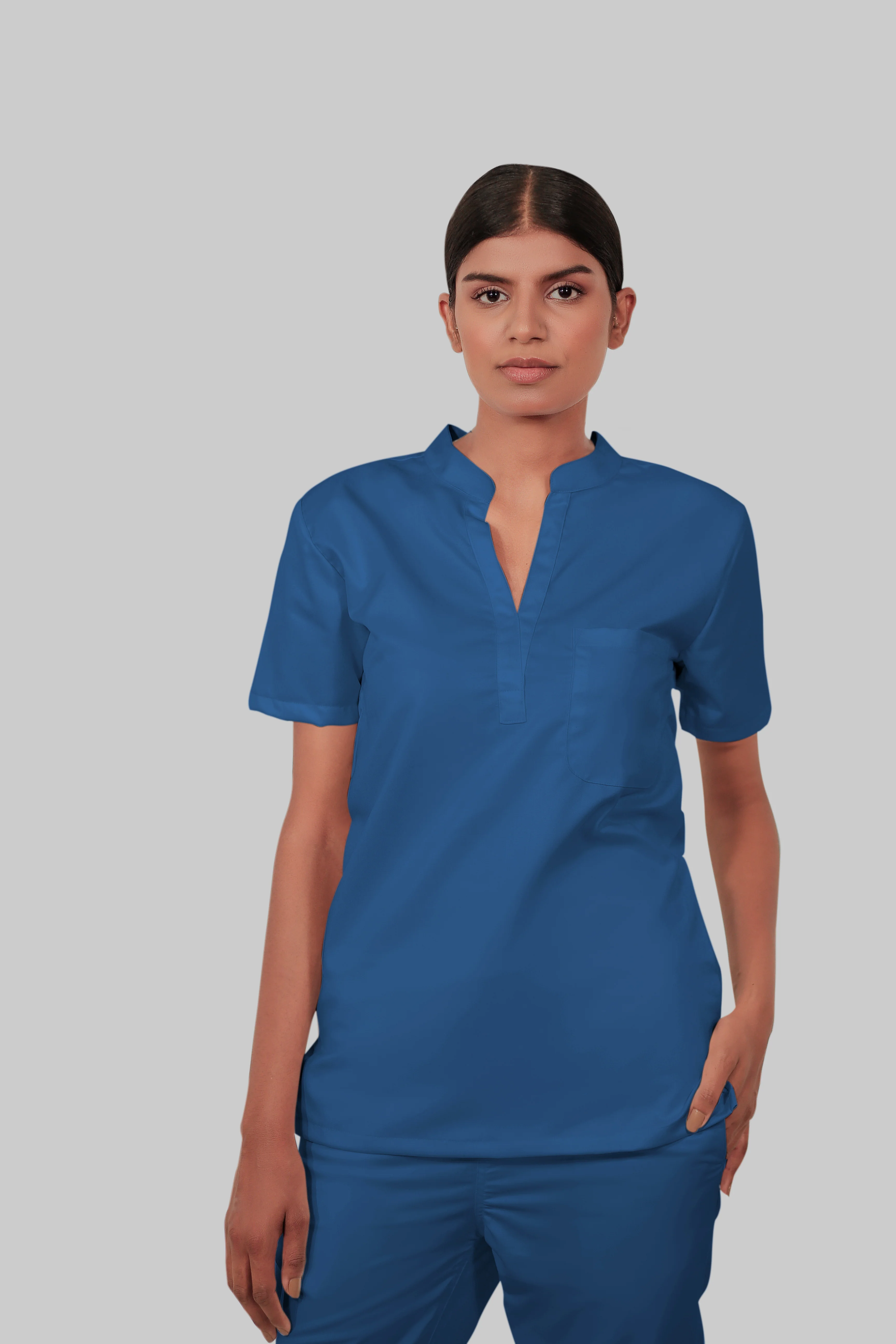 Stretchable (2Way) Women Steel Blue Mandarin Neck With Straight Pant Scrub Set - Image 3