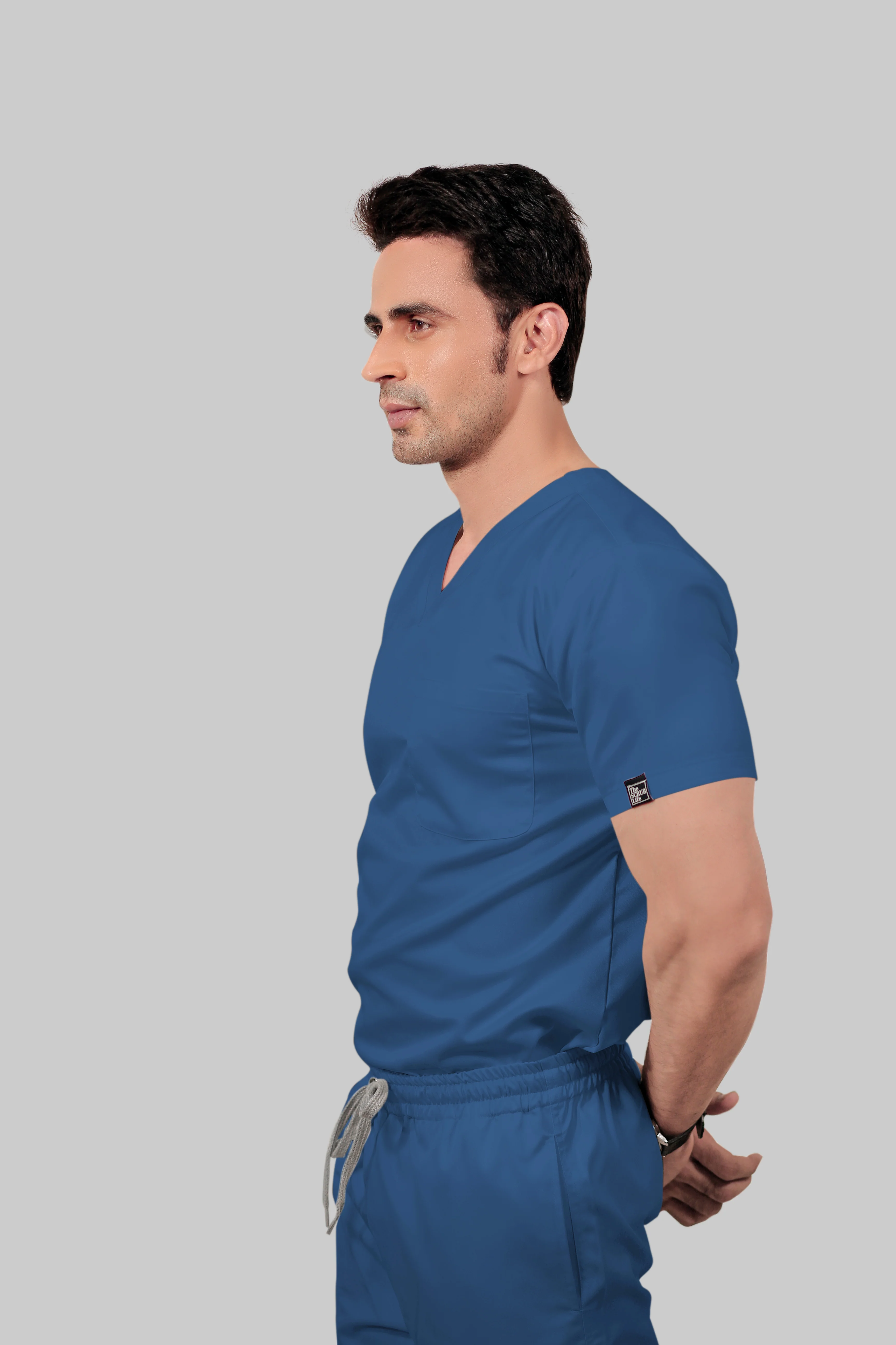 Stretchable (2Way) Men Steel Blue V-Neck With Jogger Scrub Set - Image 3