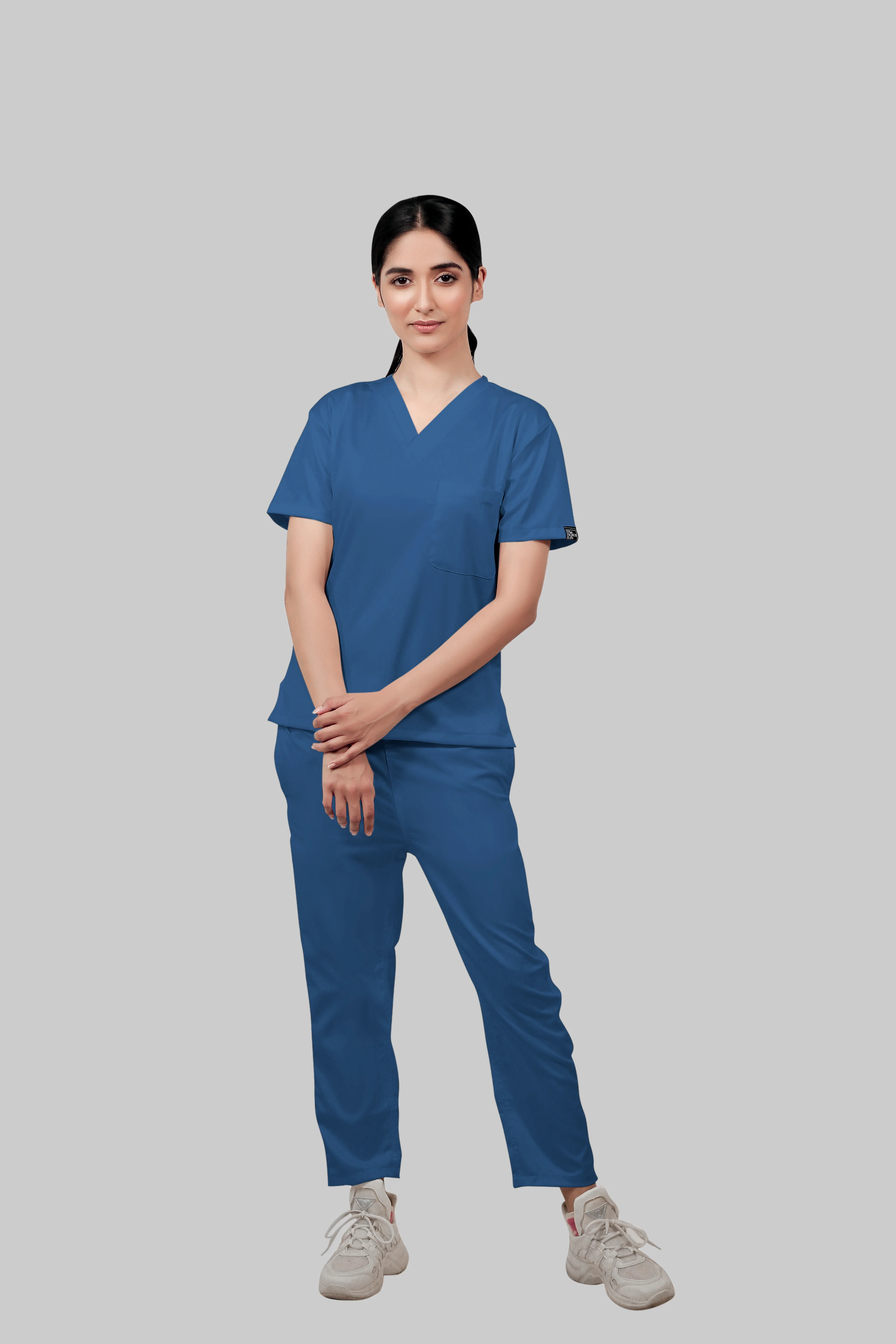 Stretchable (2Way) Women Steel Blue V-Neck With Straight Pant Scrub Set