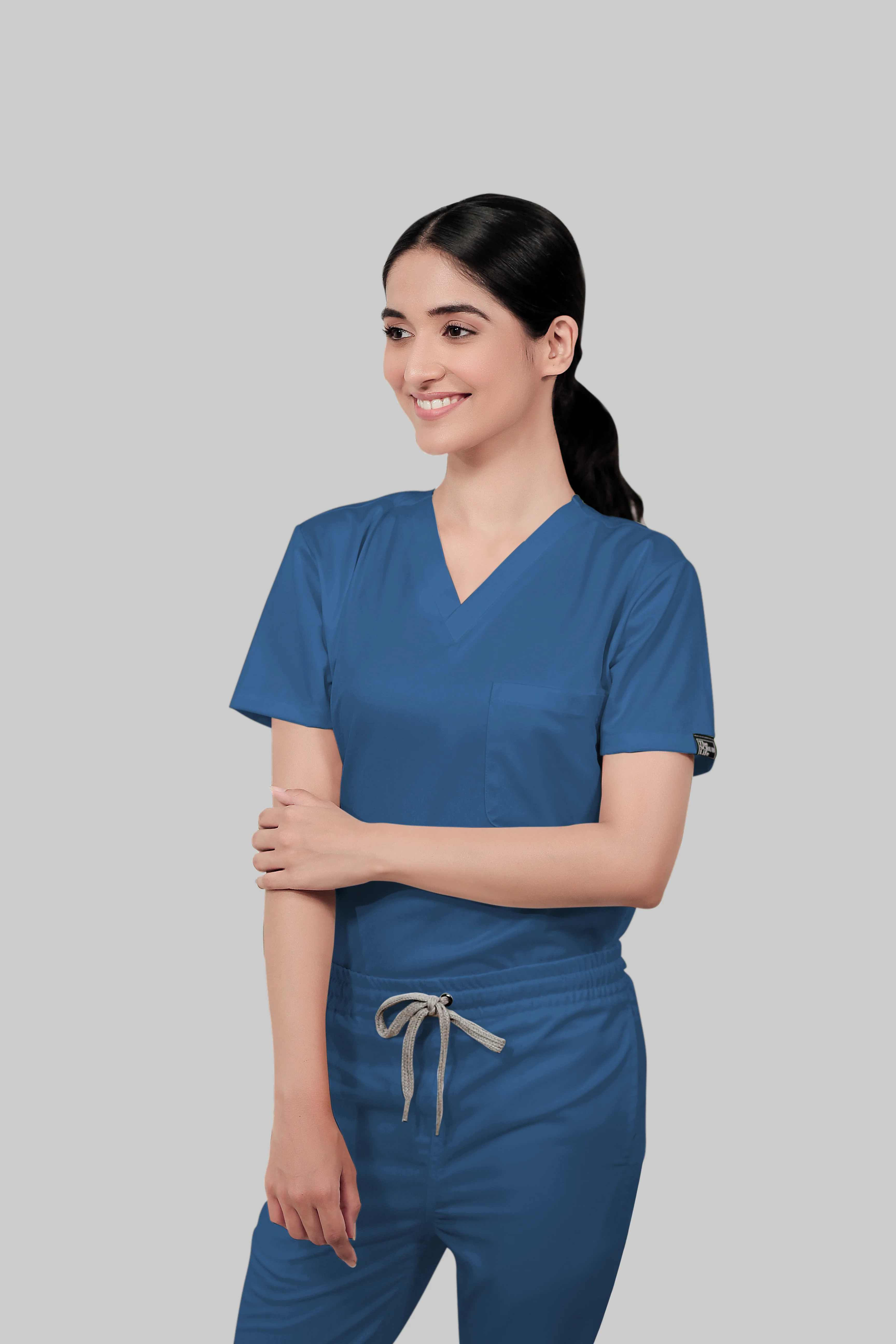 Stretchable (2Way) Women Steel Blue V-Neck With Straight Pant Scrub Set - Image 2
