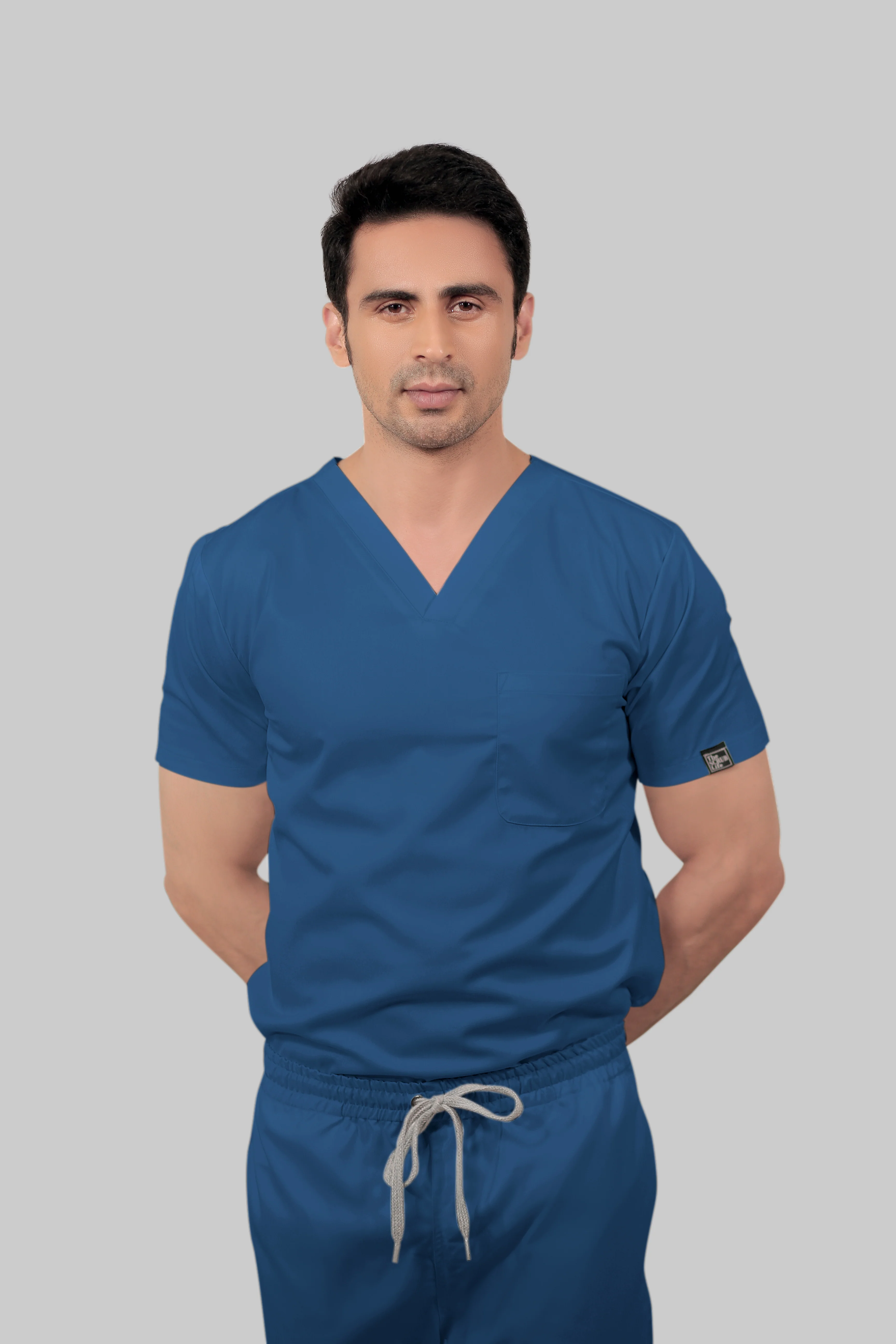 Stretchable (2Way) Men Steel Blue V-Neck With Straight Pant Scrub Set - Image 3