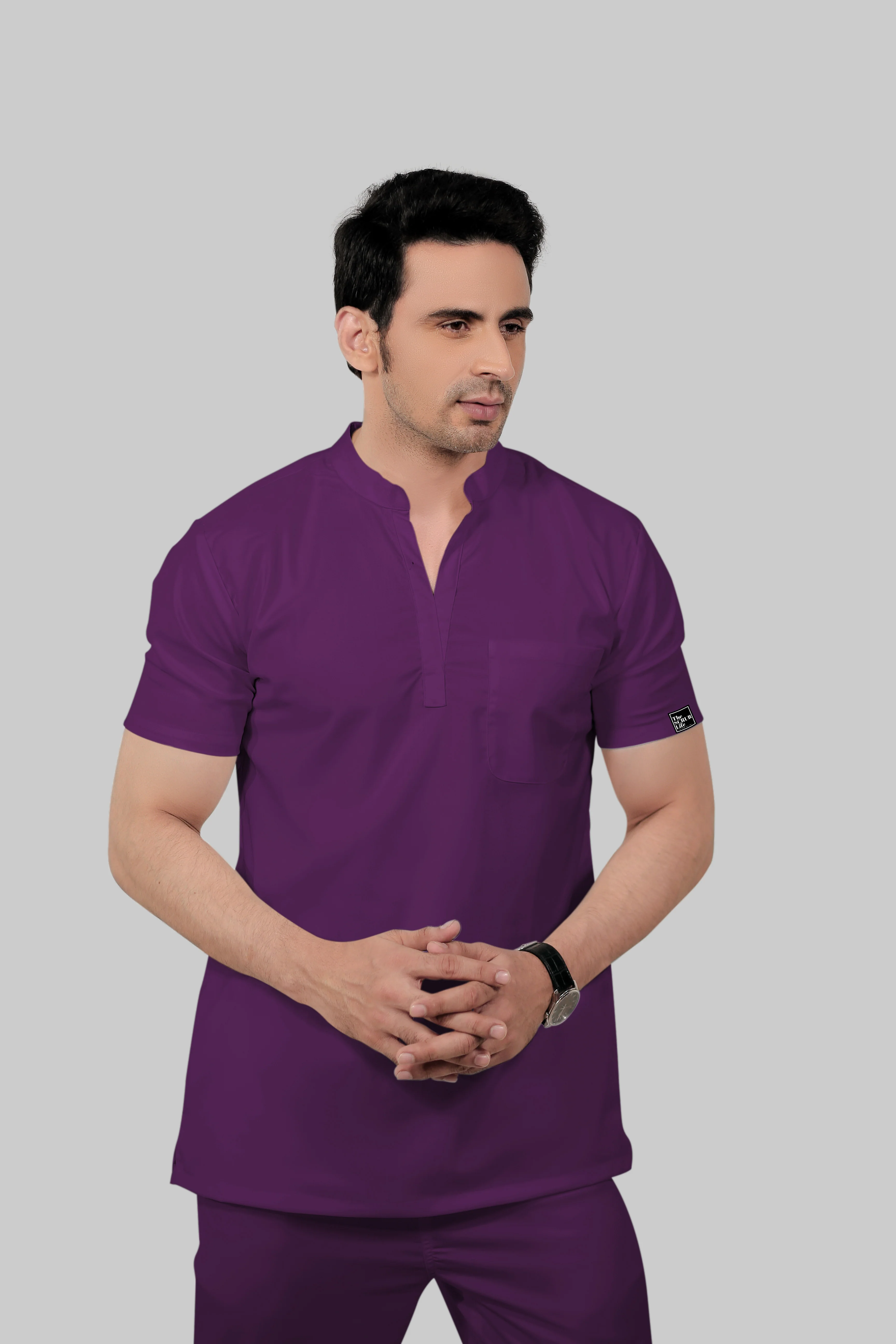 Stretchable (2Way) Men Purple Mandarin Neck With Jogger Scrub Set - Image 3