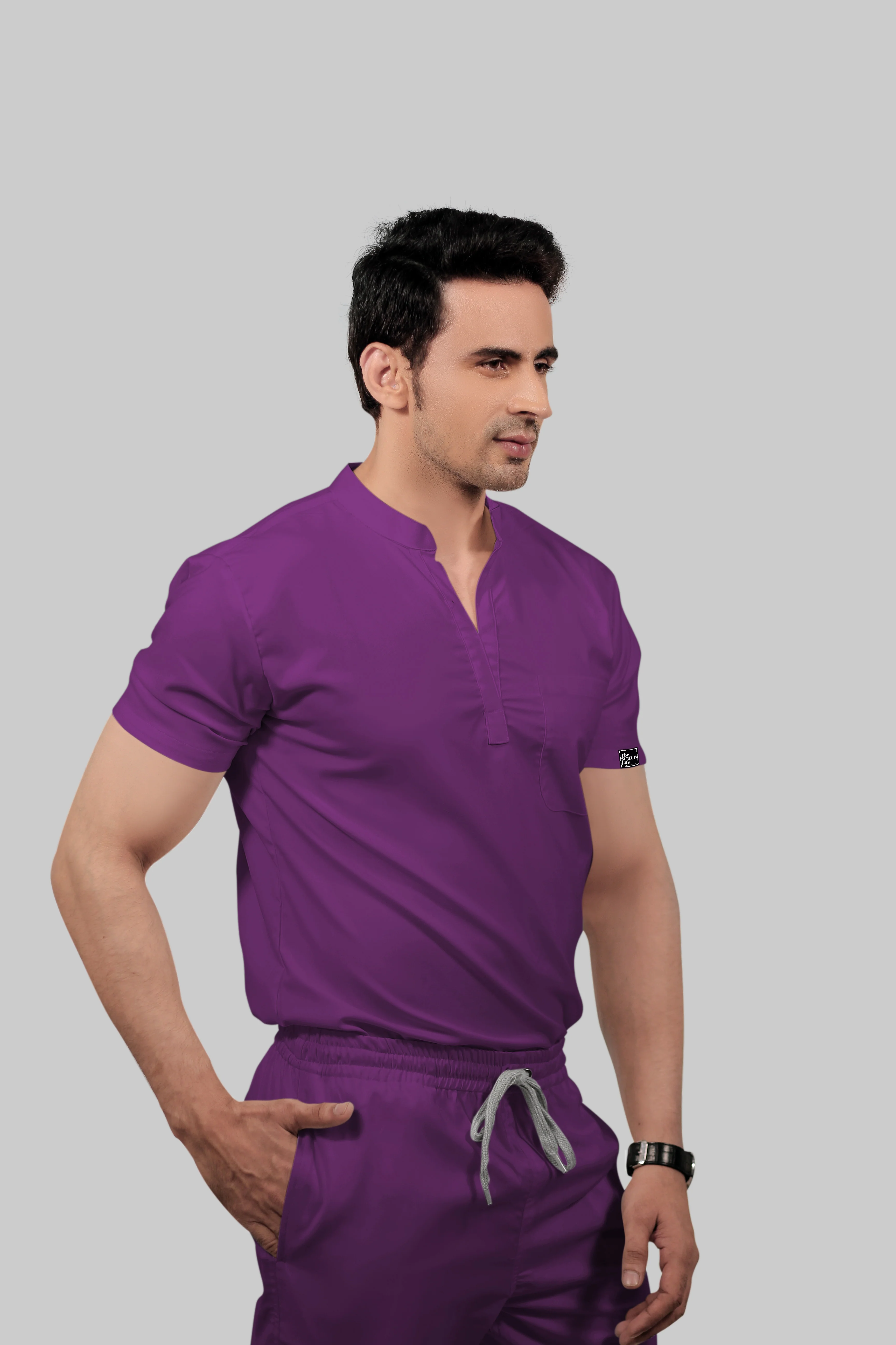 Stretchable (2Way) Men Purple Mandarin Neck With Straight Pant Scrub Set - Image 2
