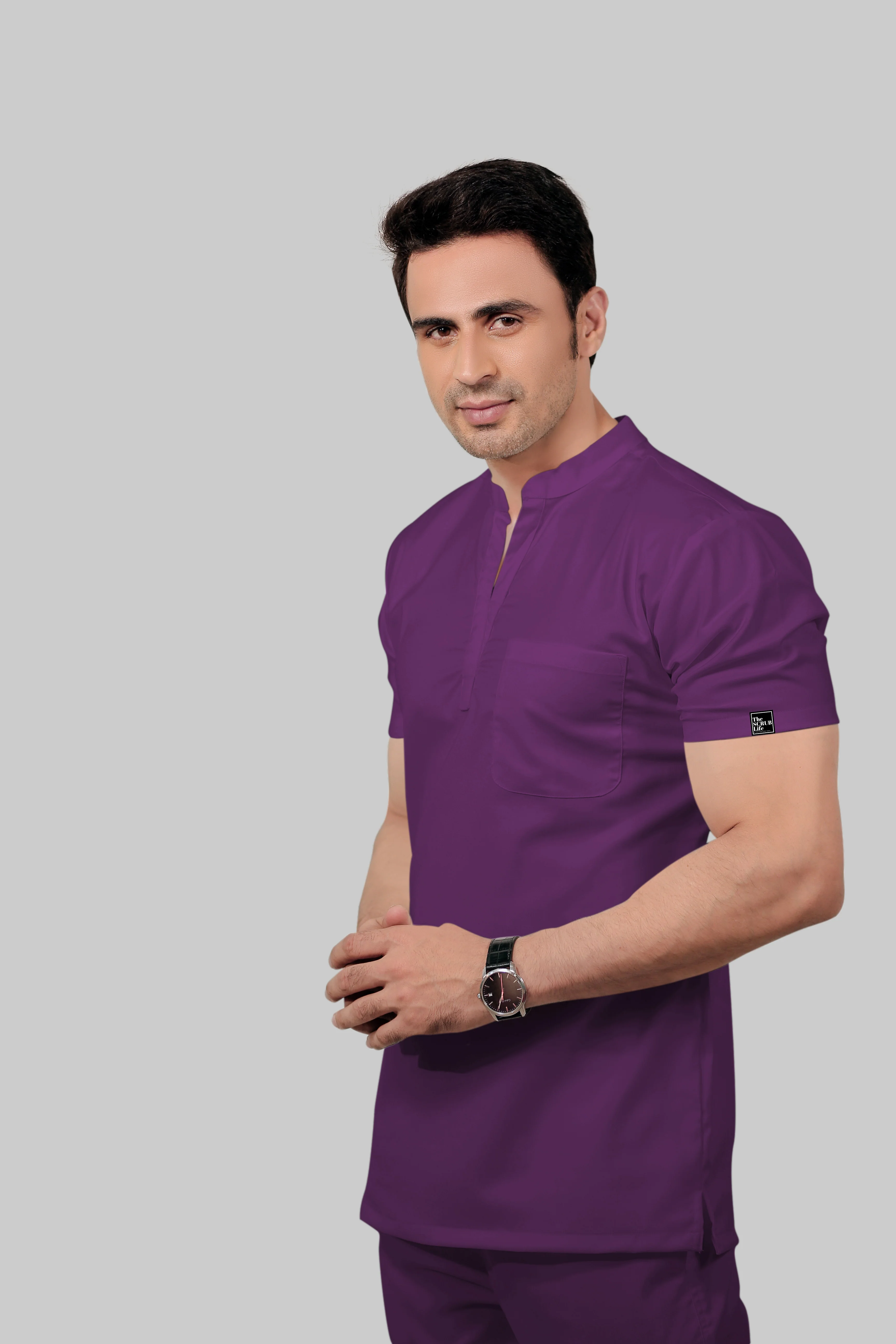 Stretchable (2Way) Men Purple Mandarin Neck With Straight Pant Scrub Set - Image 3