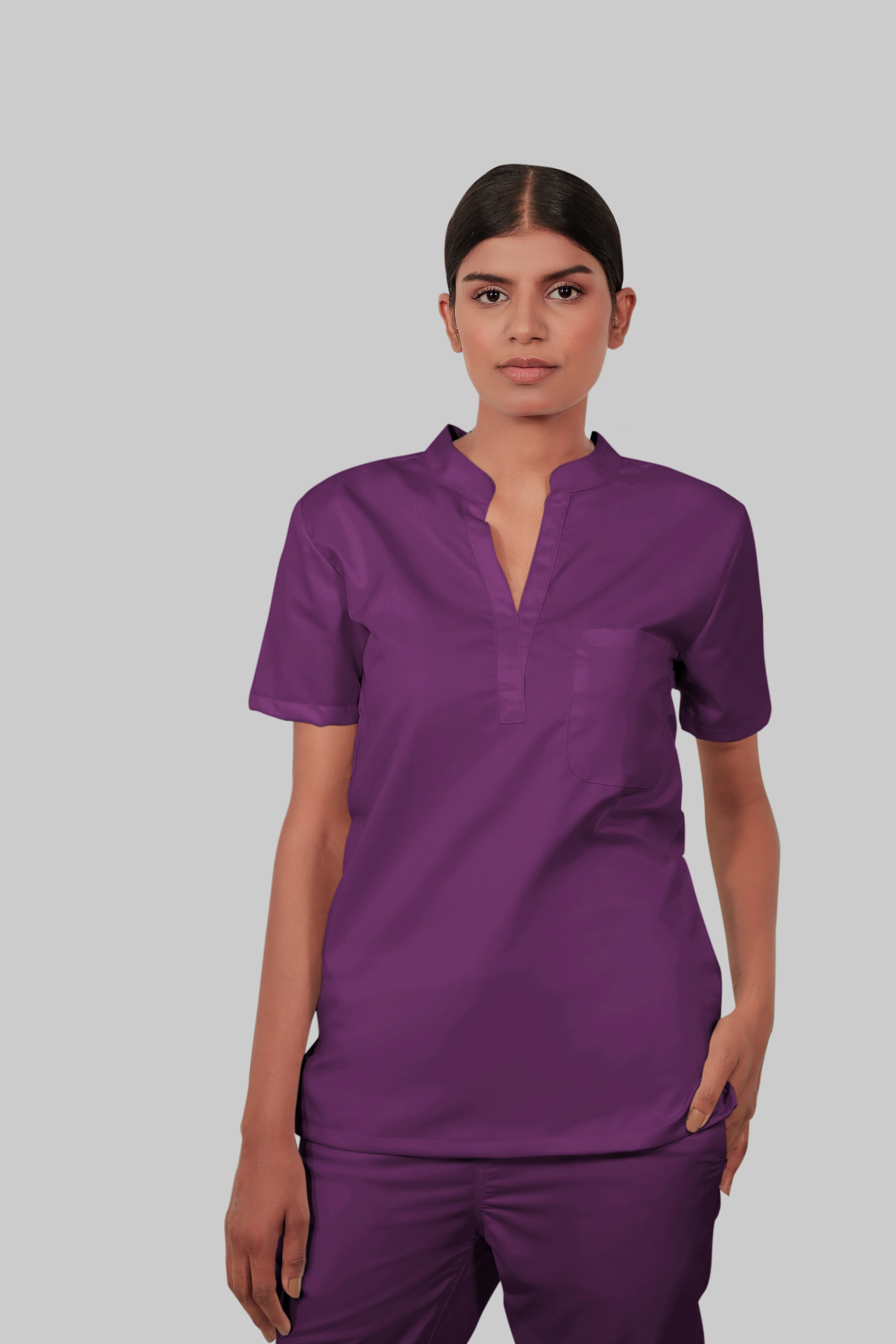 Stretchable (2Way) Women Purple Mandarin Neck With Straight Pant Scrub Set - Image 3