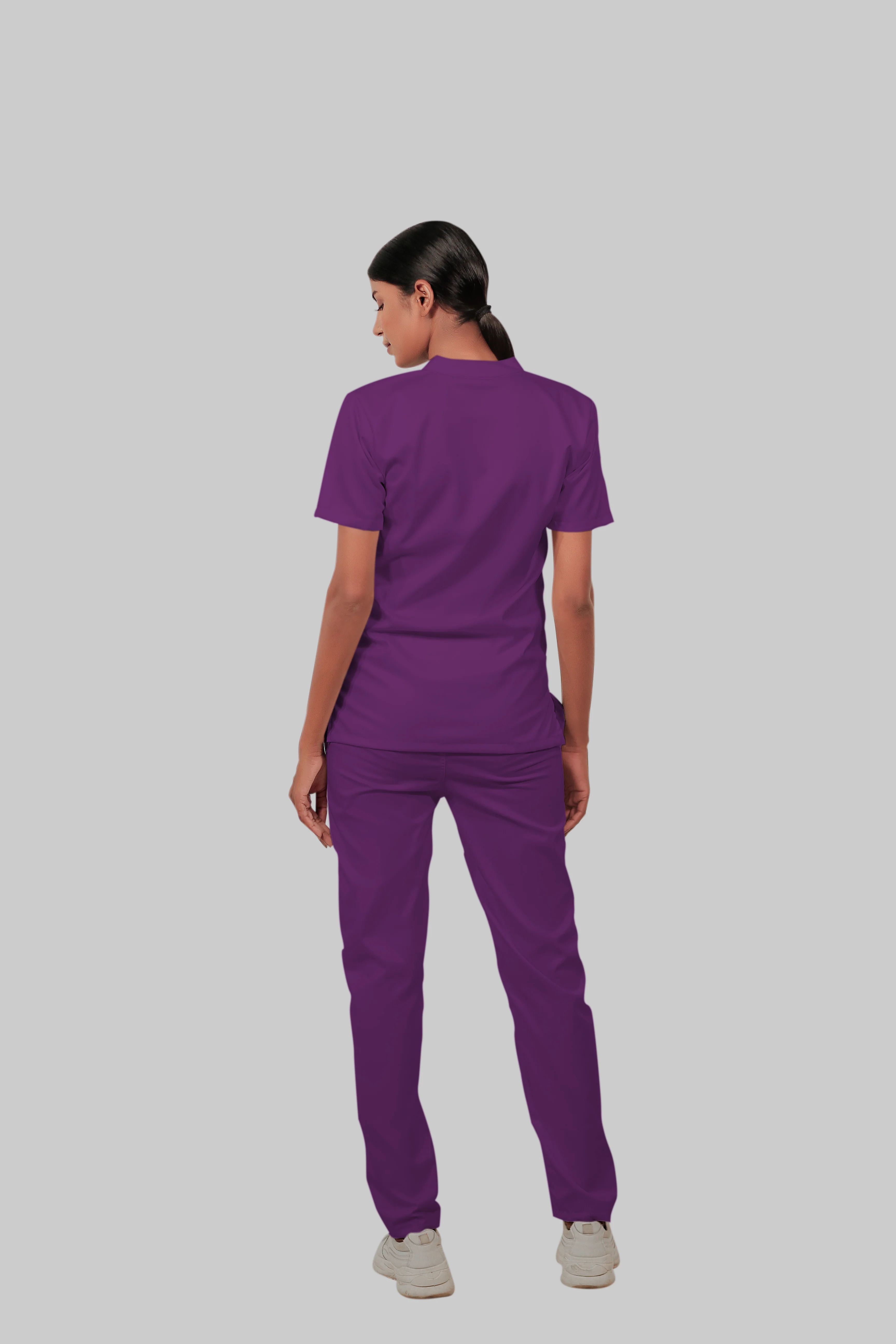 Stretchable (2Way) Women Purple Mandarin Neck With Straight Pant Scrub Set - Image 4