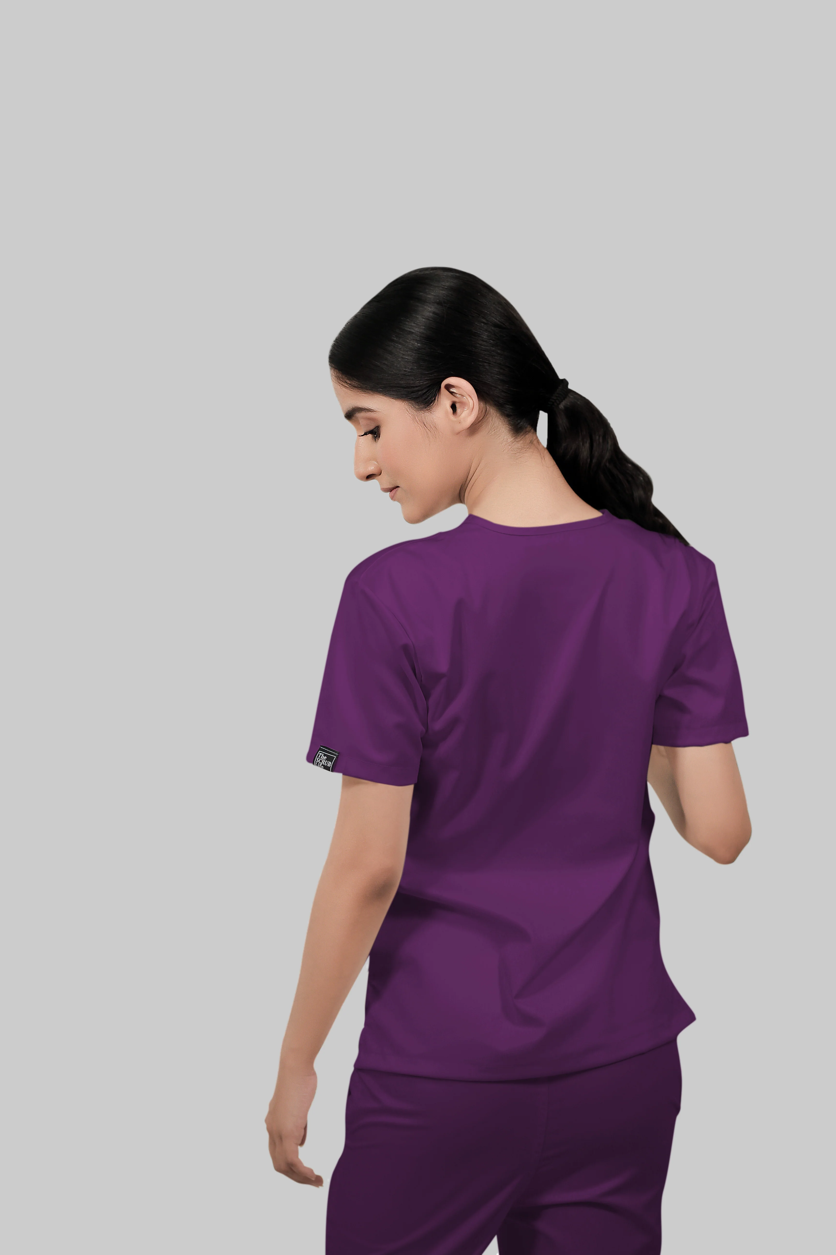 Stretchable (2Way) Women Purple V-Neck With Straight Pant Scrub Set - Image 4